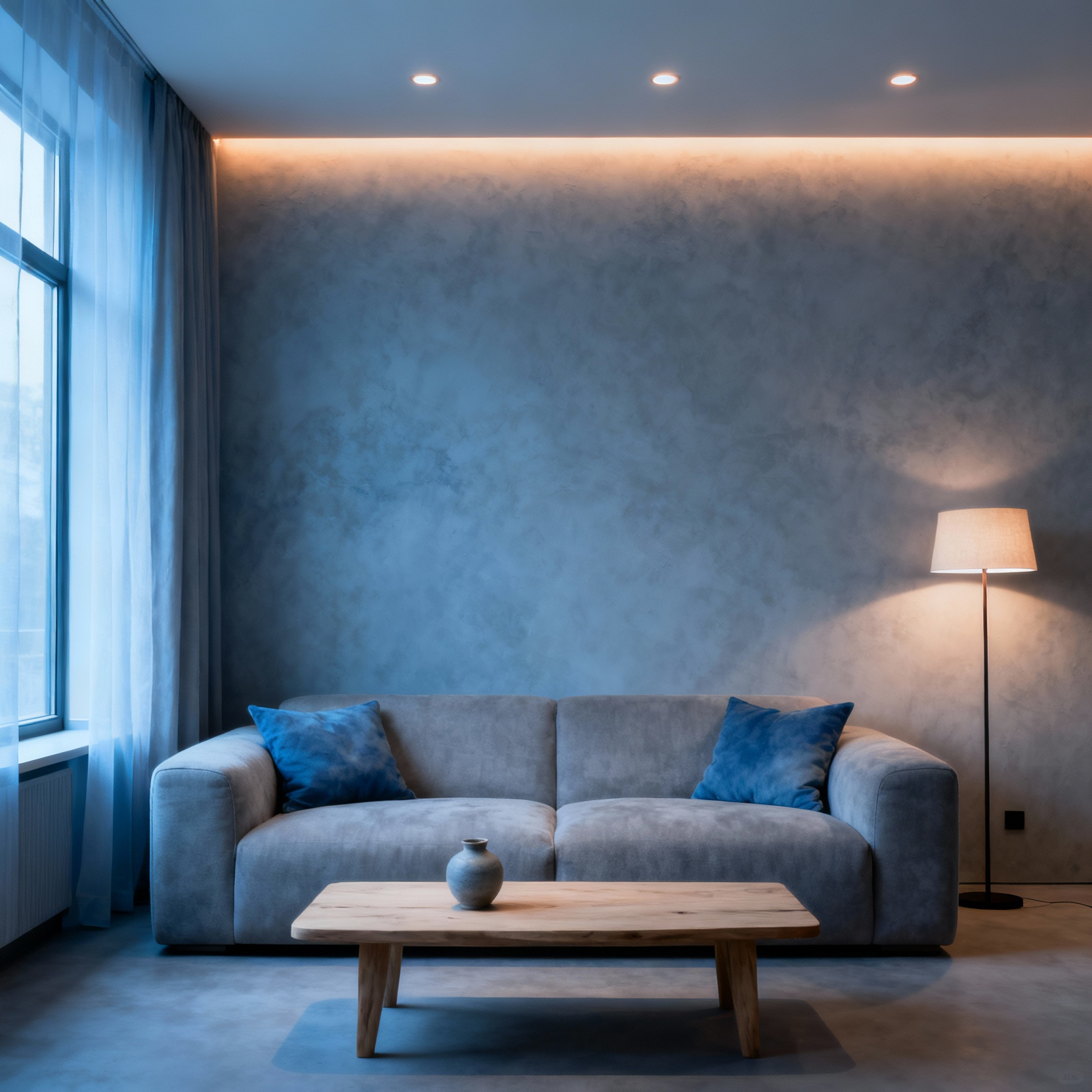 Portrait view of a tranquil living room featuring a calming blue and gray color scheme, soft indirect lighting, and minimalist furniture, illustrating effective color psychology for emotional well-being.