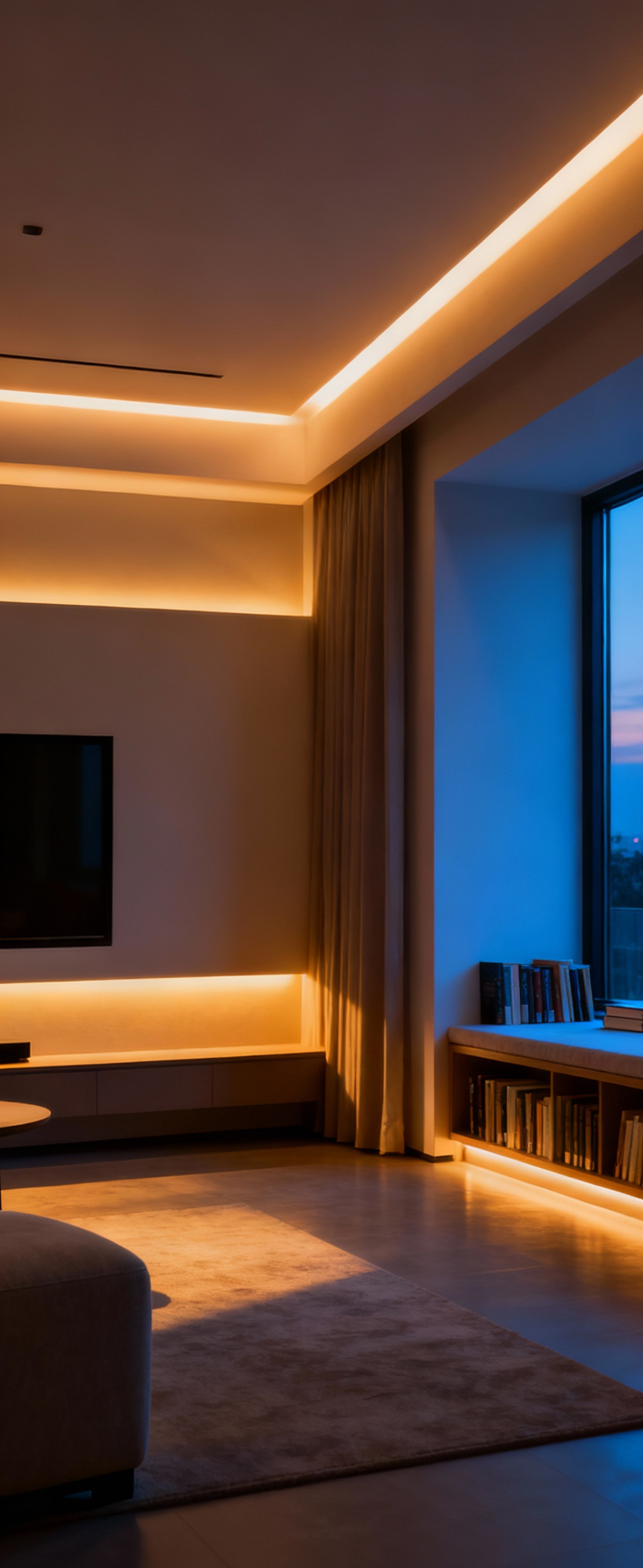 Modern living room interior with biometric-responsive ambient lighting, showing a gradient of warm and cool light zones, creating a personalized and sophisticated atmosphere.