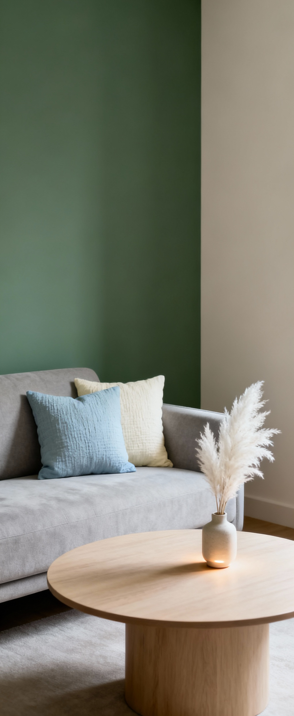 Serene living room corner with sage green walls, light grey sofa, and soft natural light, showcasing calming color psychology for visual and aural serenity.