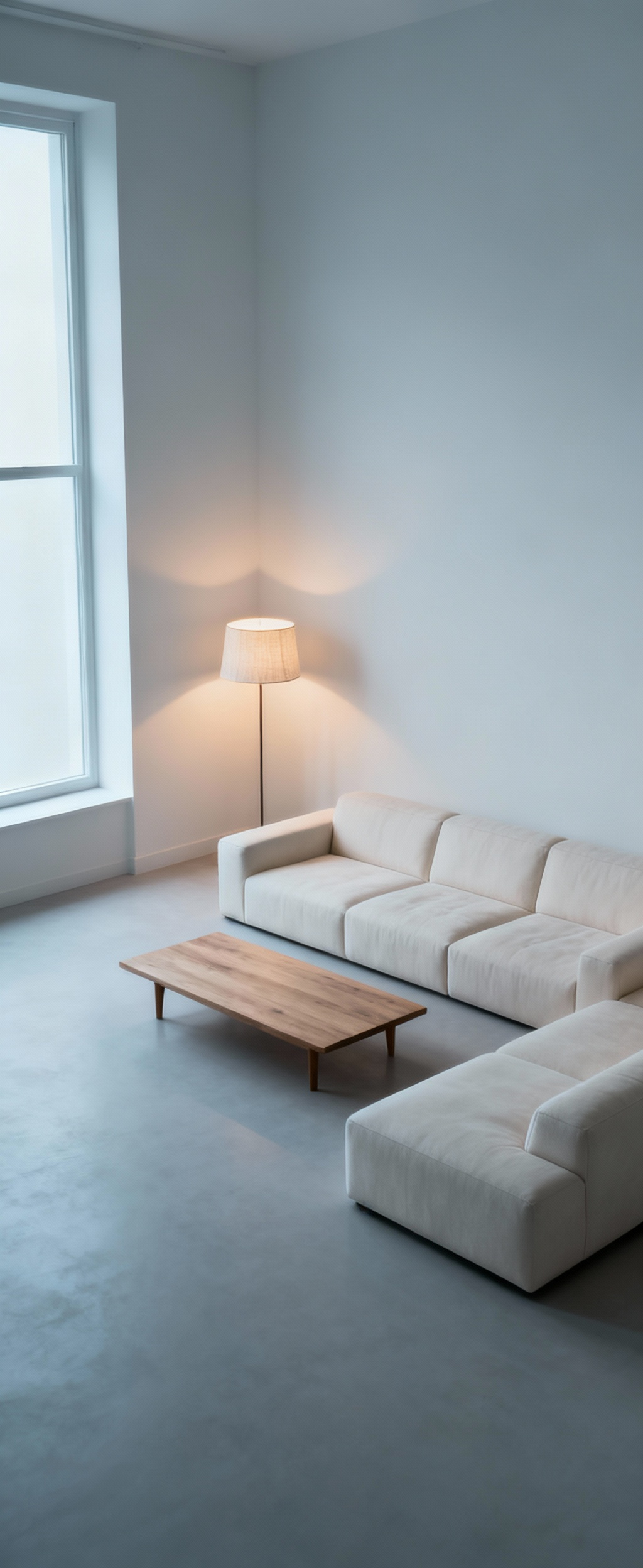 Minimalist living room interior featuring light, cool color palette, abundant natural light, and strategically placed furniture, creating a strong sense of perceived expanse through intelligent negative space.