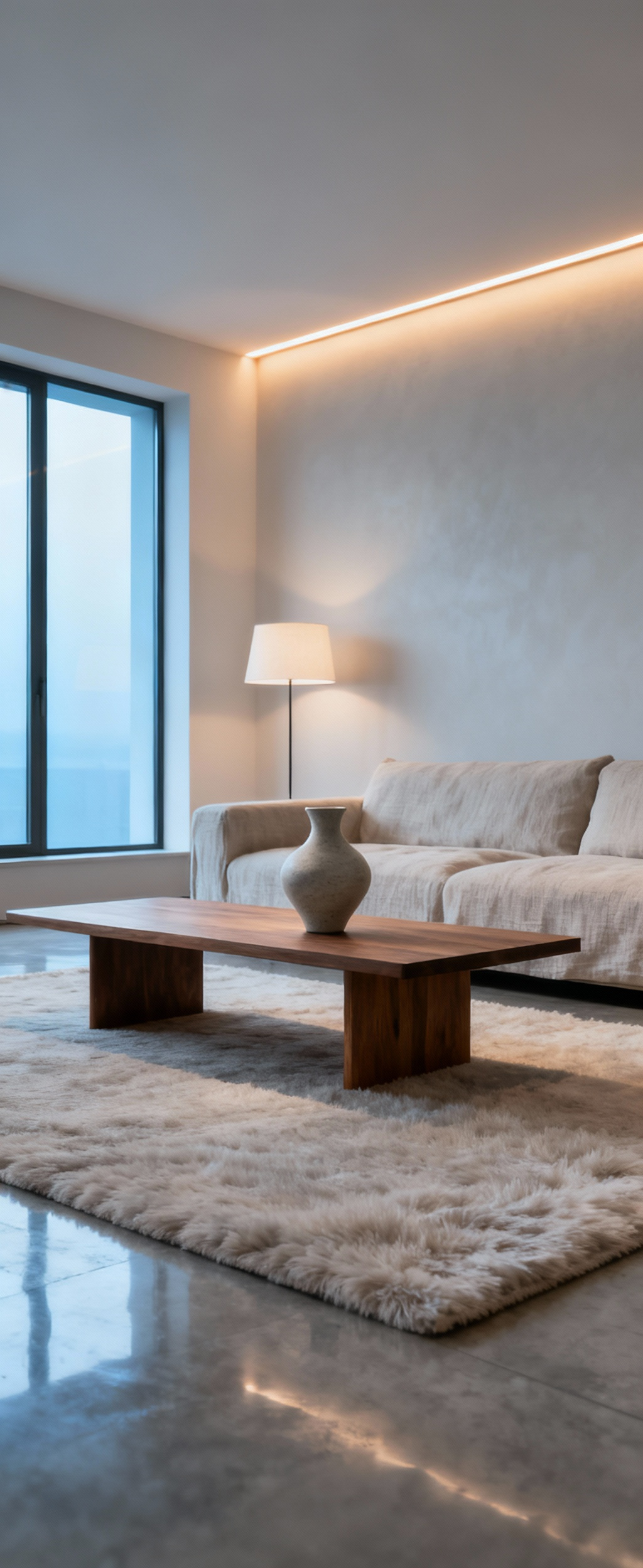 Modern tranquil living room with muted color palette, soft natural light, and warm indirect lighting. Linen sofa, wooden coffee table, plush rug, ceramic vase, creating a cohesive and serene sensory environment.