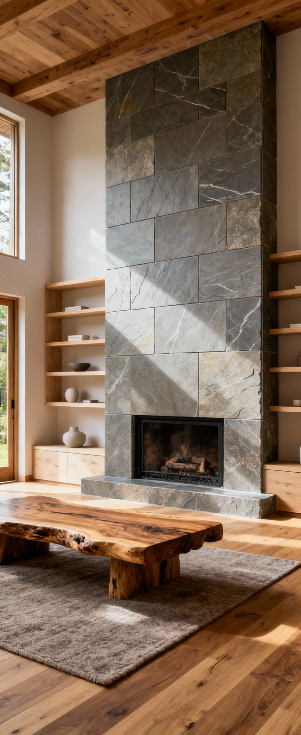 Serene living room with unadorned natural slate fireplace, live-edge wood coffee table, and wide-plank oak flooring under soft natural light, embodying a natural woods and stones living room design.