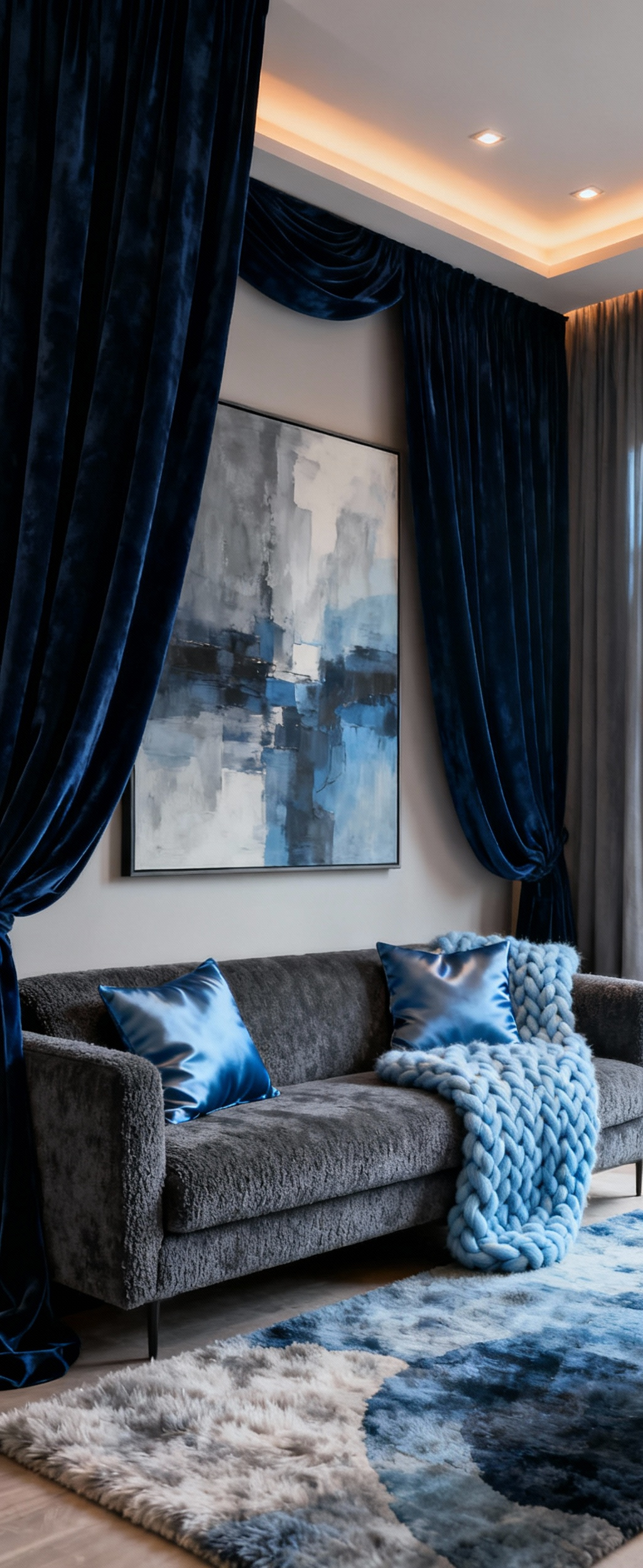 Elegant living room showcasing multi-layered textile design with deep blue drapes, grey sofa, blue cushions, and abstract art, enhancing spatial richness and depth.