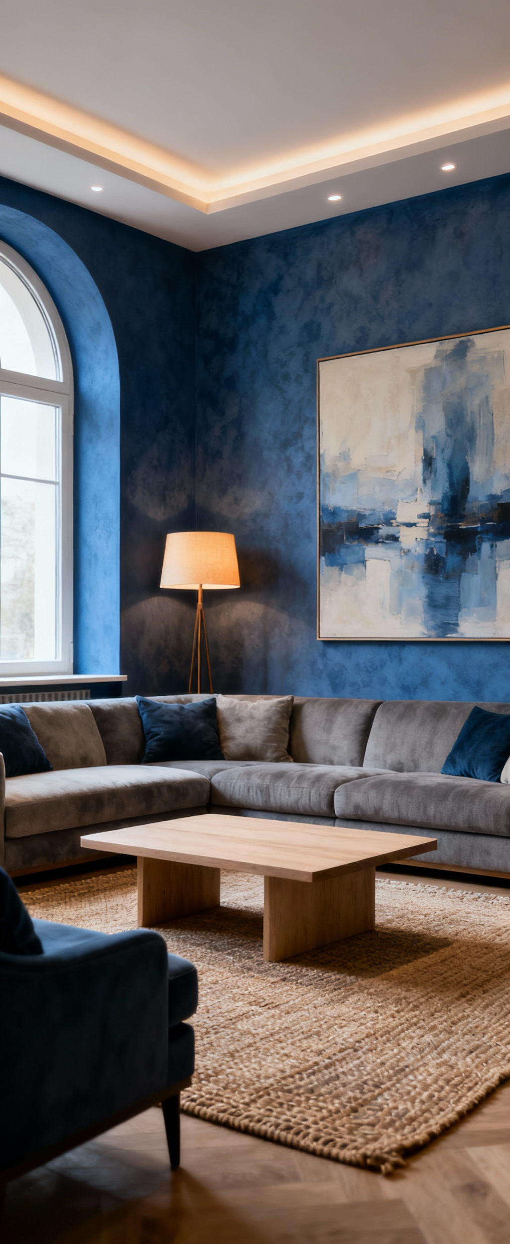 Elegant living room with a sophisticated archetypal design, featuring a harmonious blend of deep blues, greys, and creams, natural light, and refined textures, promoting psychological well-being.