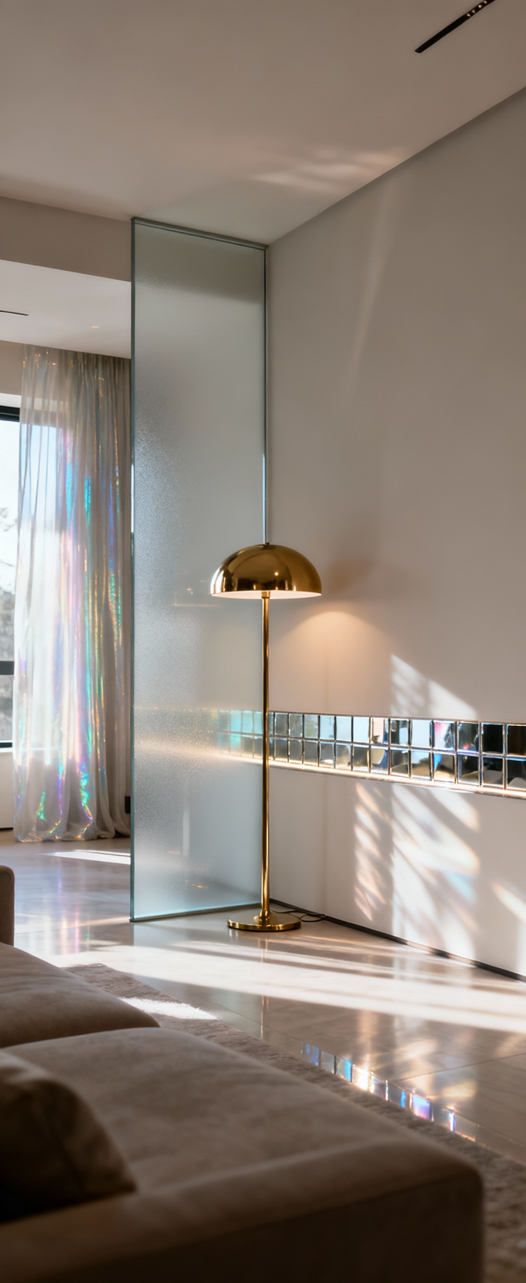 Modern living room with a tall frosted glass divider and polished brass lamp reflecting light onto mirrored wall inlay, illustrating reflective and translucent surface interplay.