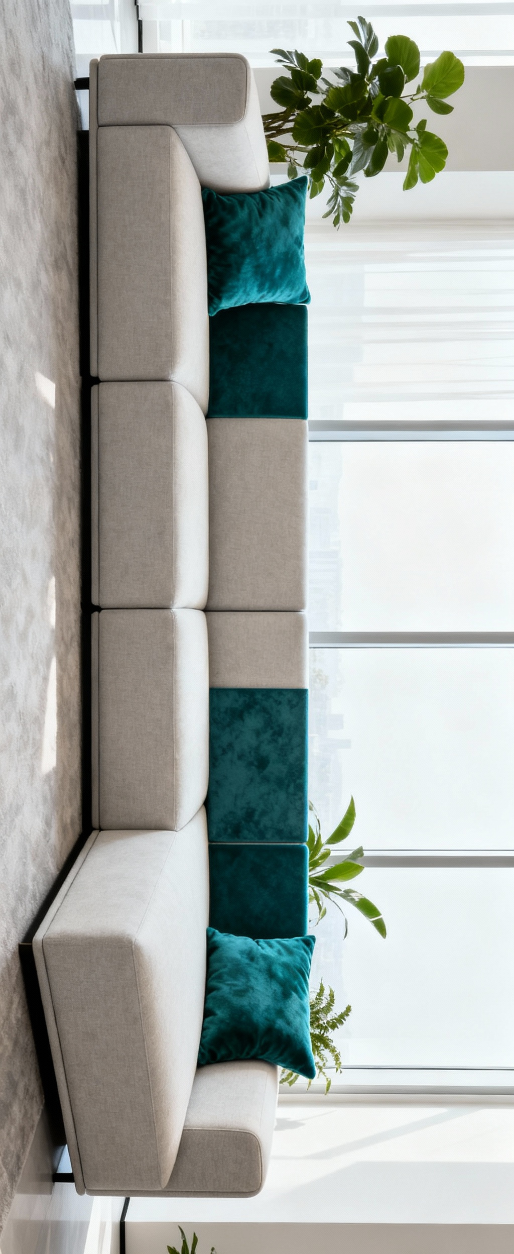 A modern living room with a neutral modular sofa, accented by interchangeable teal cushions, showcasing adaptable modular furniture systems. Soft natural light from large windows illuminates the space.