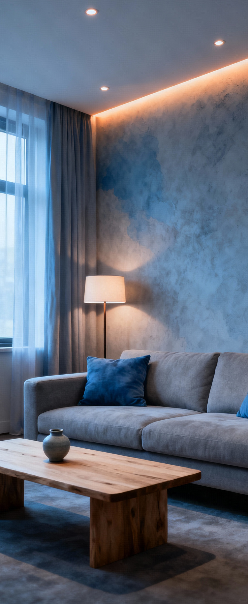 Portrait view of a tranquil living room featuring a calming blue and gray color scheme, soft indirect lighting, and minimalist furniture, illustrating effective color psychology for emotional well-being.
