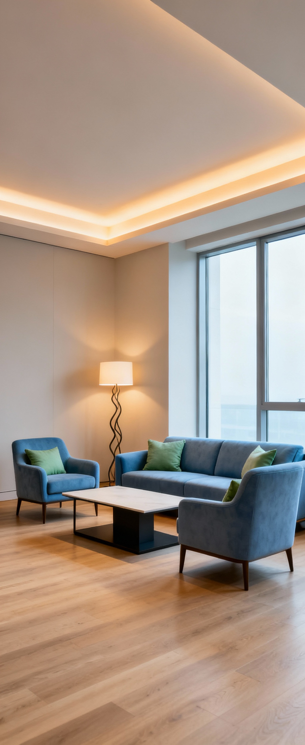 A serene living room featuring a proxemics-driven furniture grouping with a blue sofa and green armchairs, enhanced by warm, adaptive lighting and soft daylight, creating an inviting conversational ecosystem.