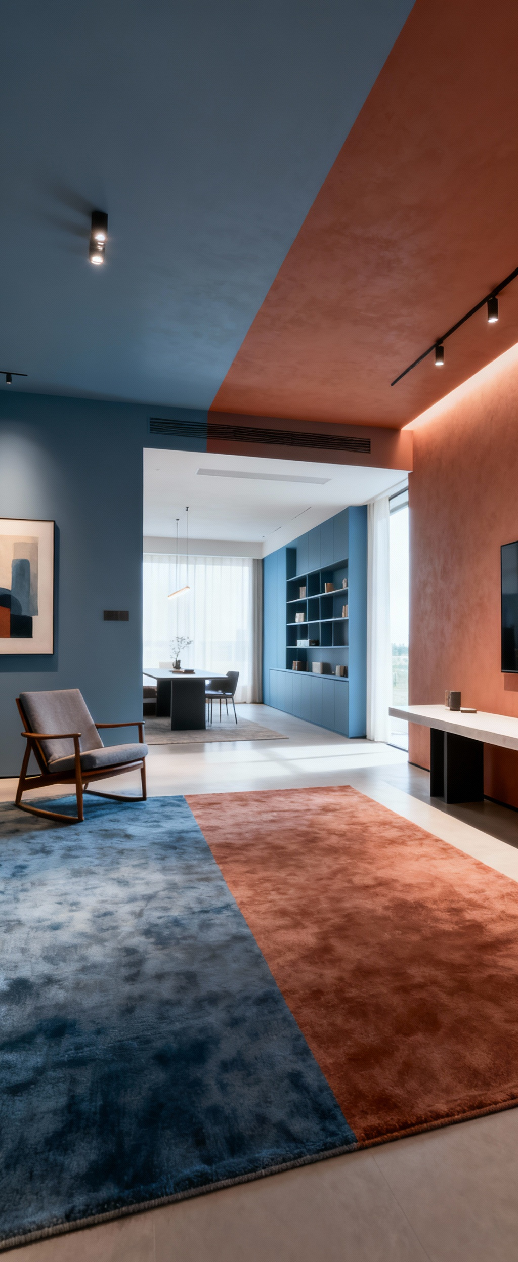 A contemporary living room interior demonstrating intentional zonal design through contrasting wall colors and varied lighting for distinct functional areas.