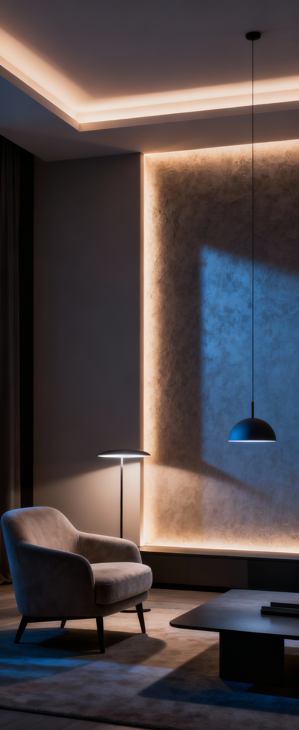 Modern living room demonstrating gradated luminescence with layered lighting: warm ambient light, cool task lighting, and uplights on textured walls creating enhanced perceptual depth and inviting atmosphere.