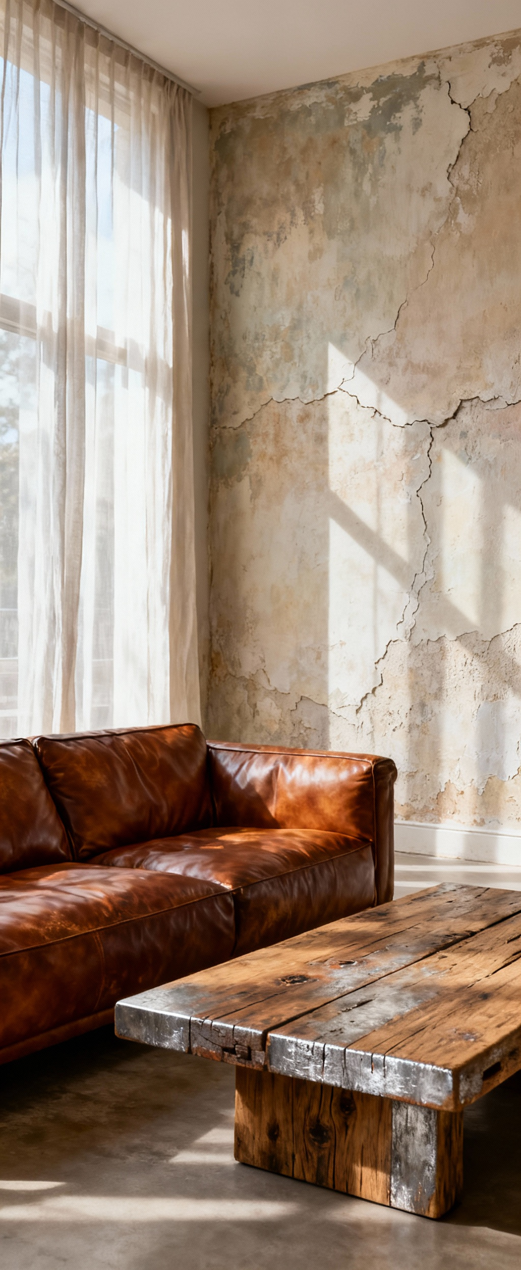 A timeless living room interior featuring a full-grain leather sofa and a reclaimed oak coffee table, both displaying the elegant, naturally aged patinas, against a subtle Venetian plaster wall. The scene highlights the beauty of evolving materials.