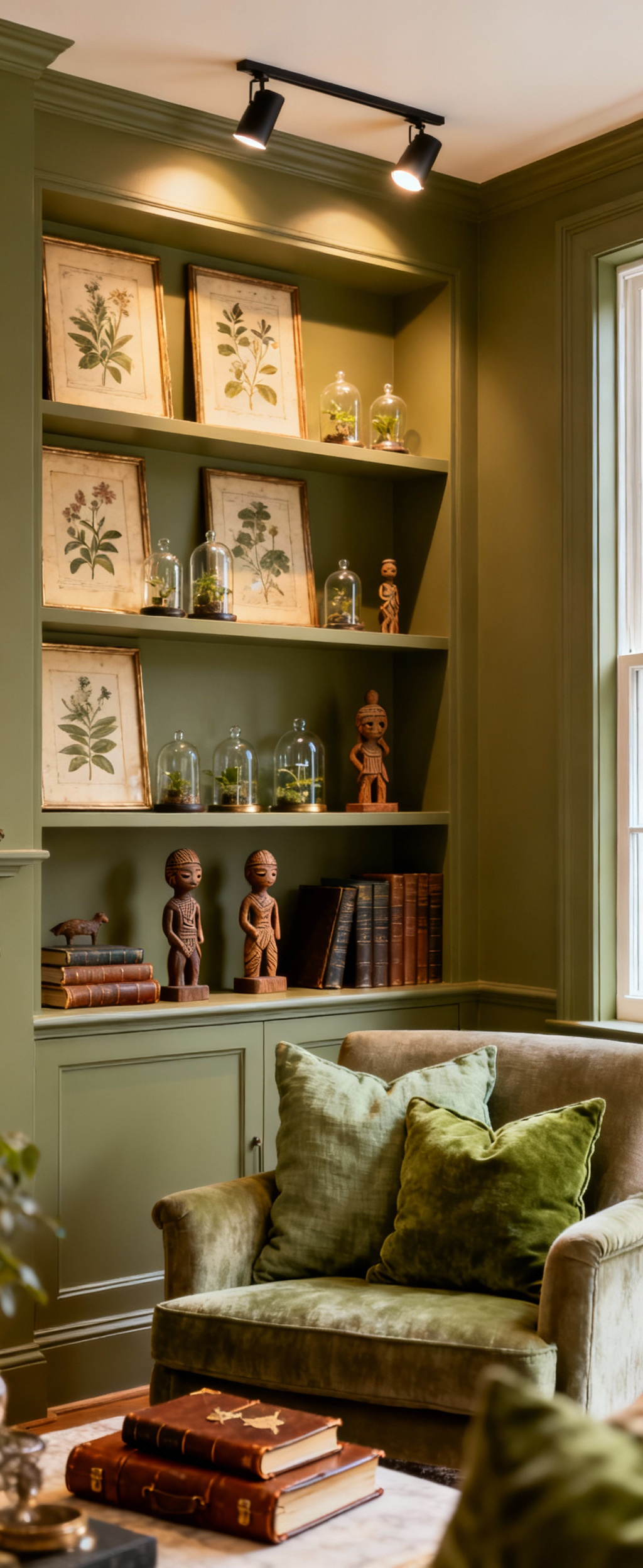 A beautifully curated living room display featuring diverse personal artifacts like travel souvenirs, botanical prints, and cherished books on a custom-built bookshelf with integrated warm spotlights, set against a deeply saturated, psychologically resonant green wall.