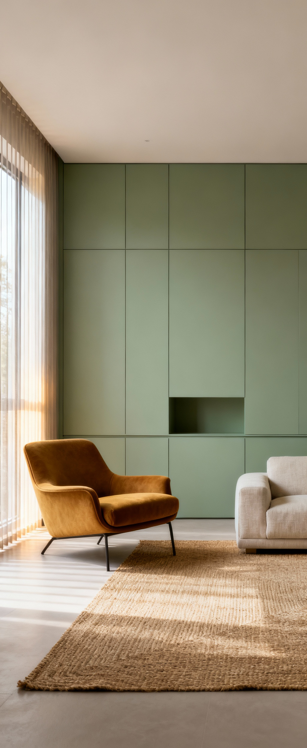 Portrait of a serene, decluttered living room with integrated storage, sage green walls, ochre lounge chair, and soft natural light.