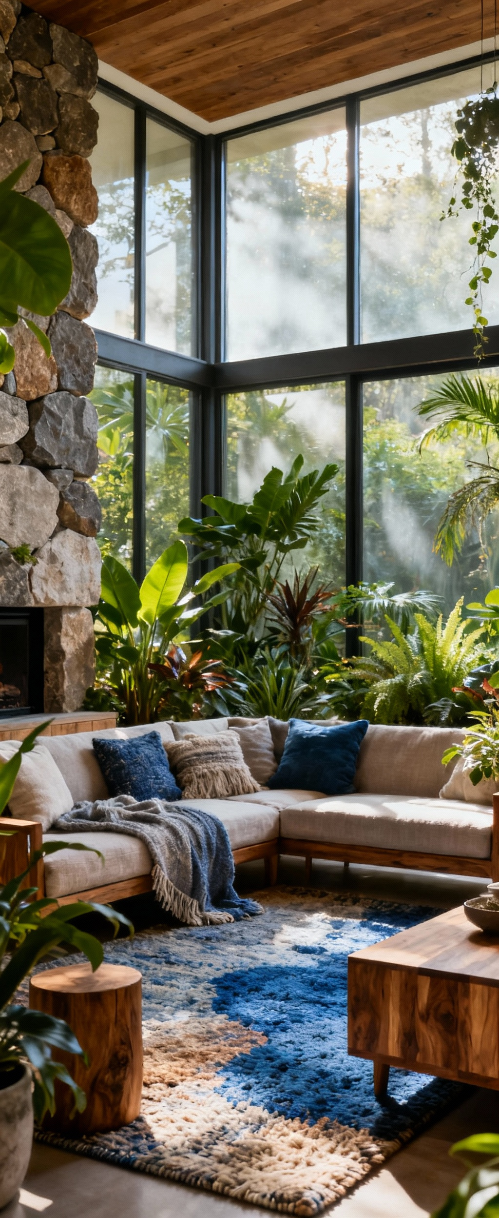Serene biophilic living room with natural green, brown, and blue tones, abundant plants, wood furniture, and soft natural lighting. Represents intentional natural integrations.