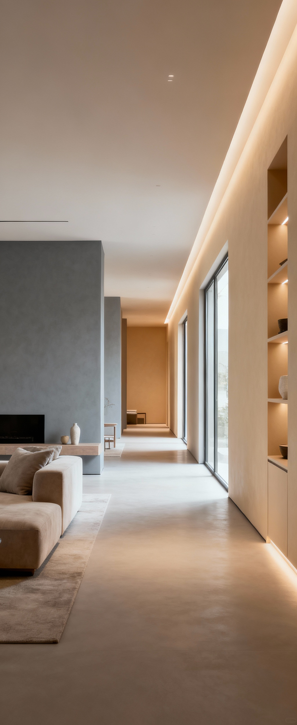 Modern living room demonstrating fluid transitional modalities with a seamless gradient of wall colors from cool gray to warm beige, accentuated by natural and cove lighting, creating a harmonious and expansive space with no visible interruptions.