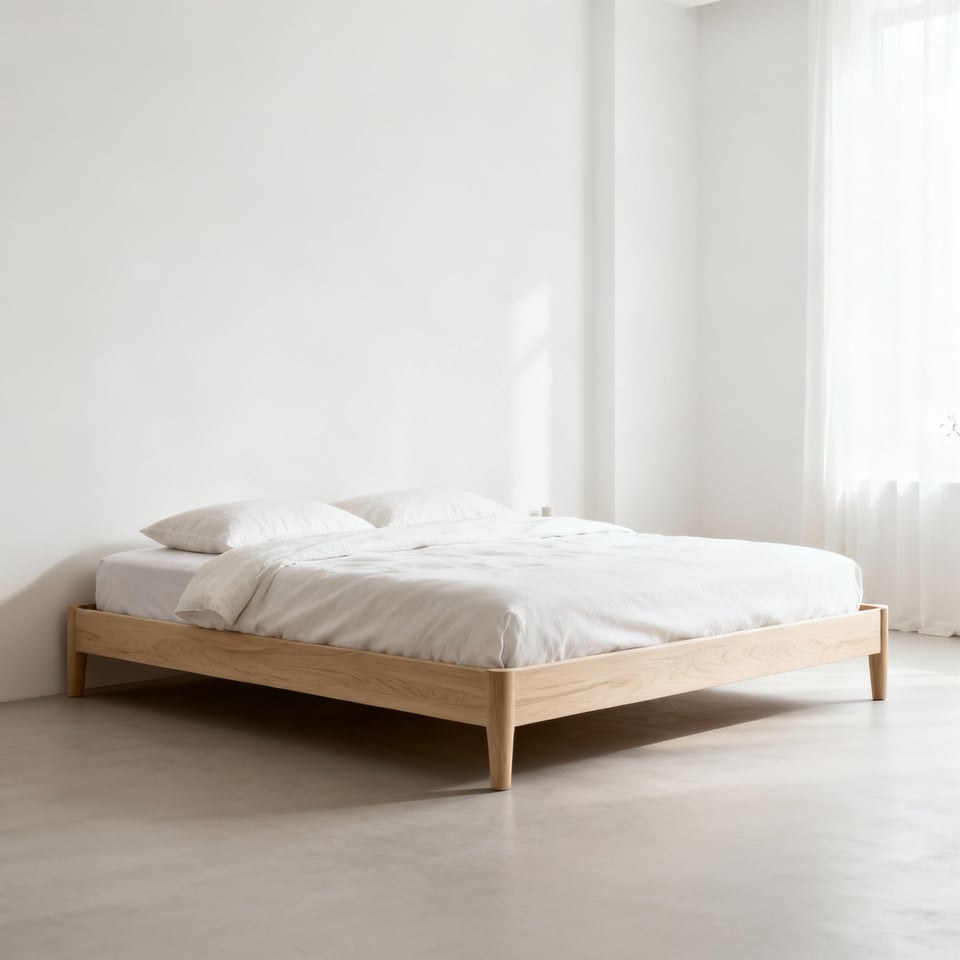 Minimalist bedroom with a light ash wood, low-profile bed frame anchoring the sleep sanctuary, natural light, serene decor, clean white walls
