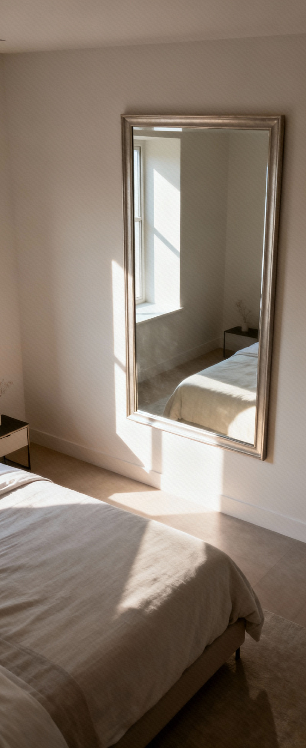 Bedroom with a large mirror strategically placed to reflect natural light and create an illusion of depth, enhancing the room's spaciousness and brightness.