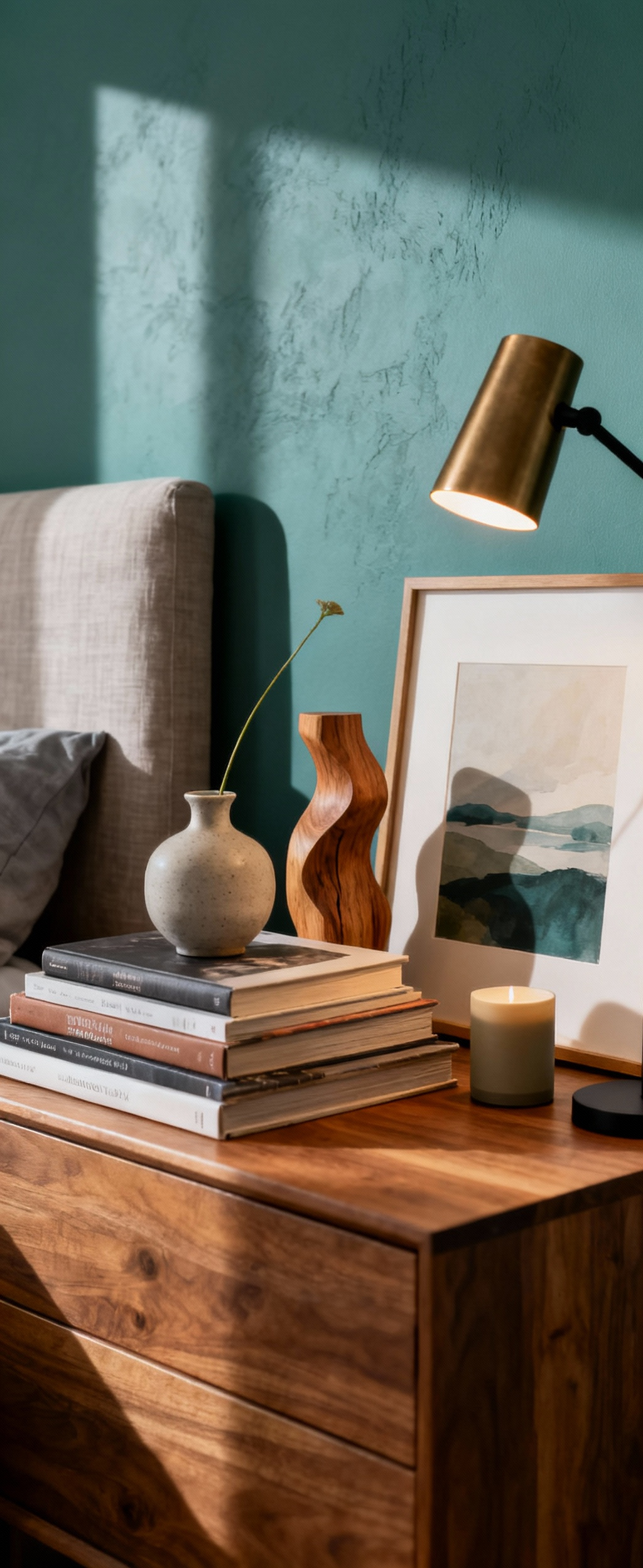 Bedroom dresser styled with personalized vignettes, featuring books, a ceramic vase, a wood sculpture, and a framed abstract print under soft lighting. Custom home decor ideas for personal expression.