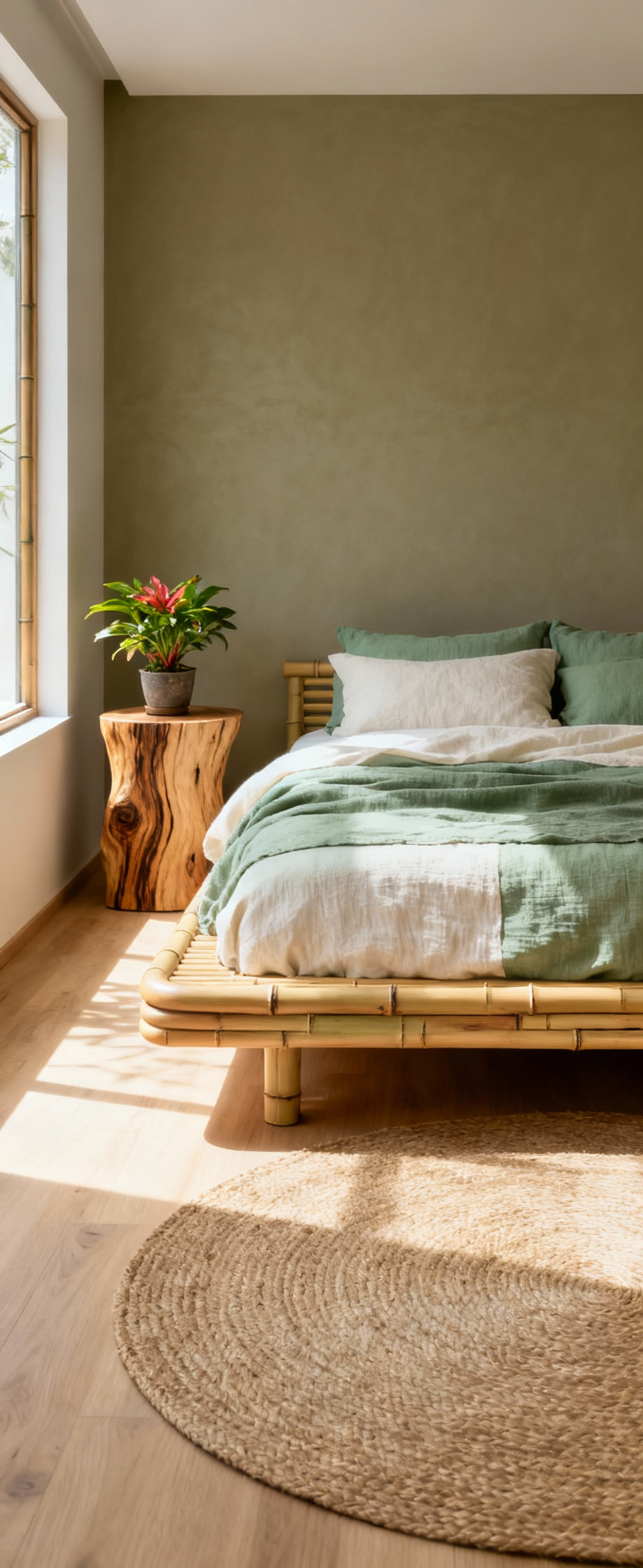 Bedroom featuring biophilic design with natural bamboo furniture, organic cotton bedding, and indoor plants, promoting relaxation and natural connection.