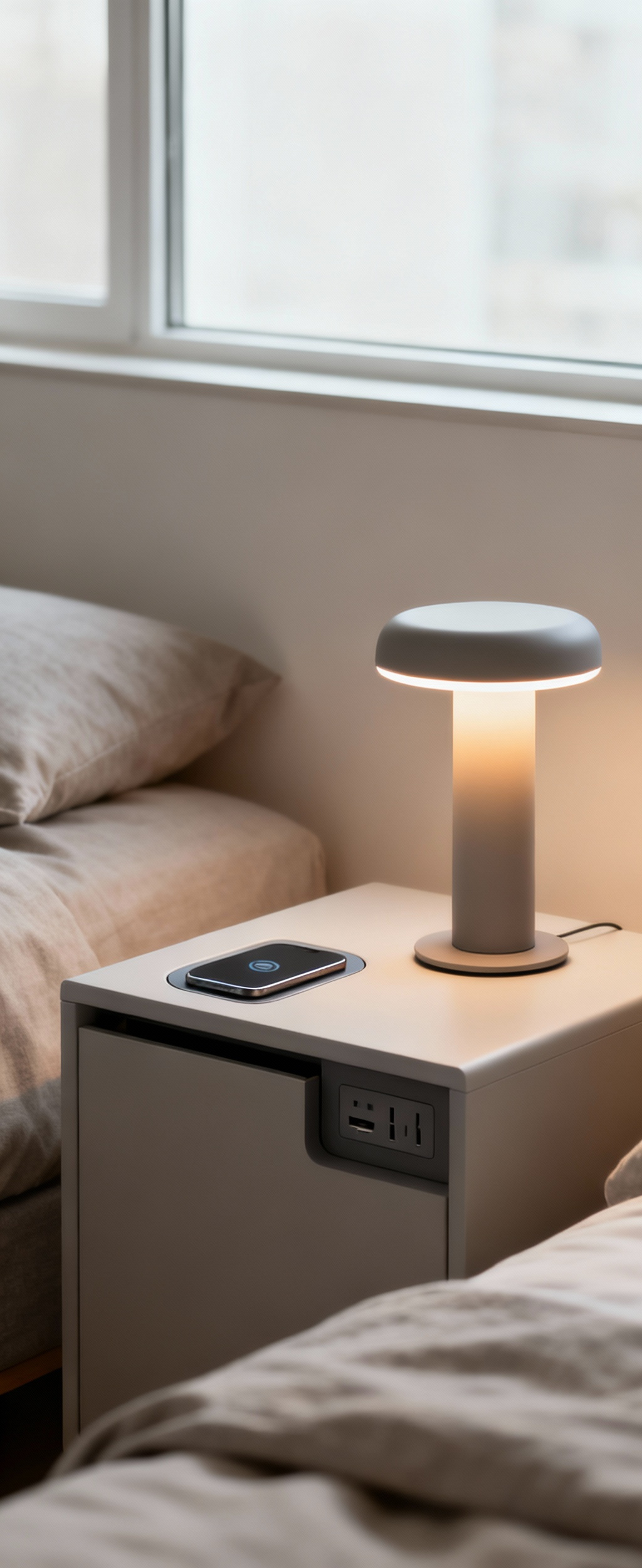 A modern bedroom nightstand with a discreetly integrated wireless charging pad and hidden USB ports, alongside a smart lamp, showcasing seamless technology integration in bedroom furniture.