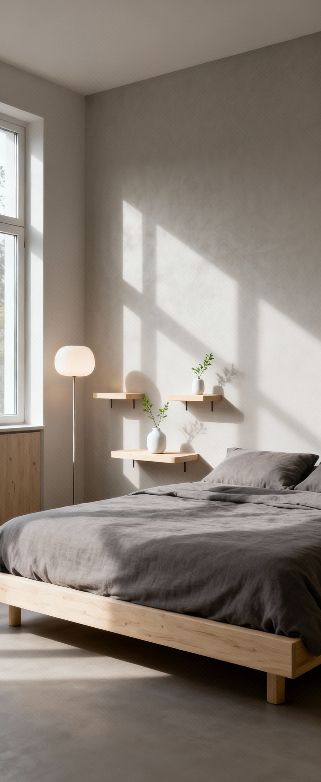 A serene Scandinavian bedroom interior illustrating visual weight balance, with a substantial grey bed as the dominant element and delicate light wood floating nightstands as subordinate pieces. Soft natural light illuminates the calm space.