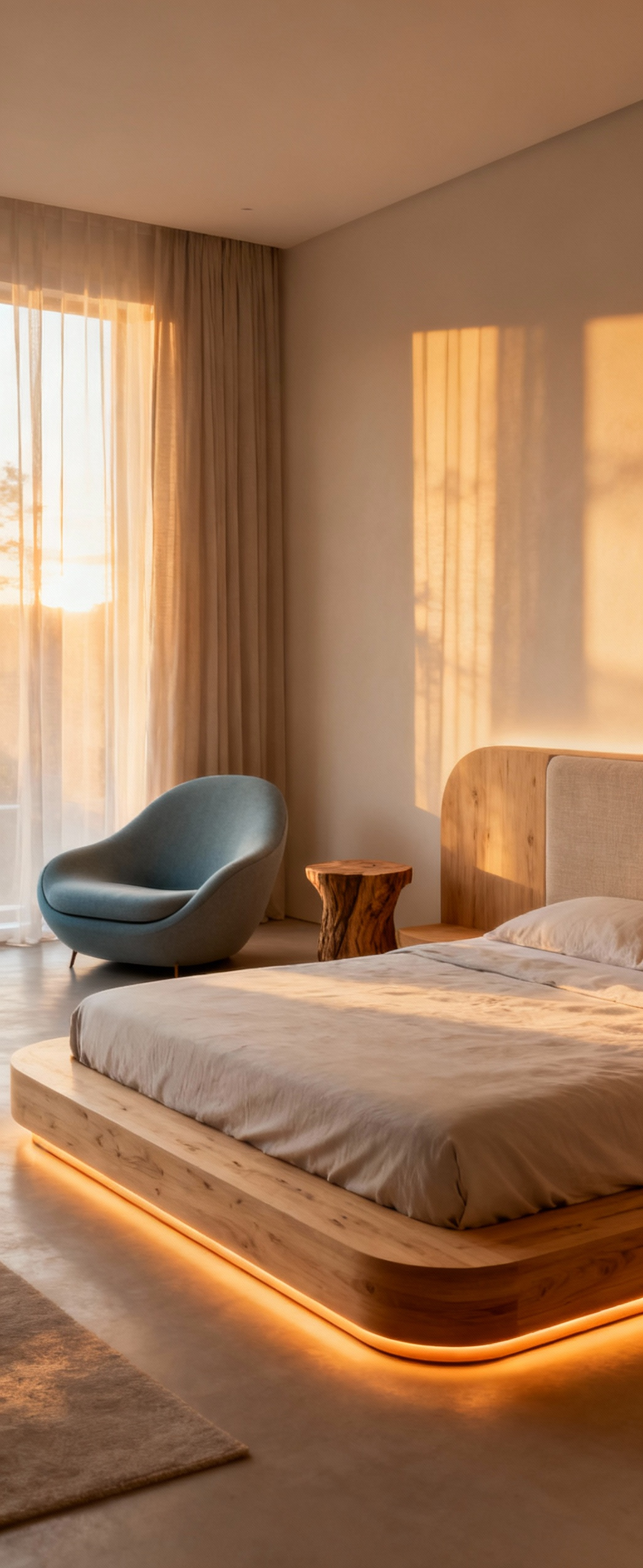 Serene bedroom with light ash wood platform bed, linen headboard, warm integrated lighting, and curvilinear lounge chair for optimal circadian rhythm alignment.