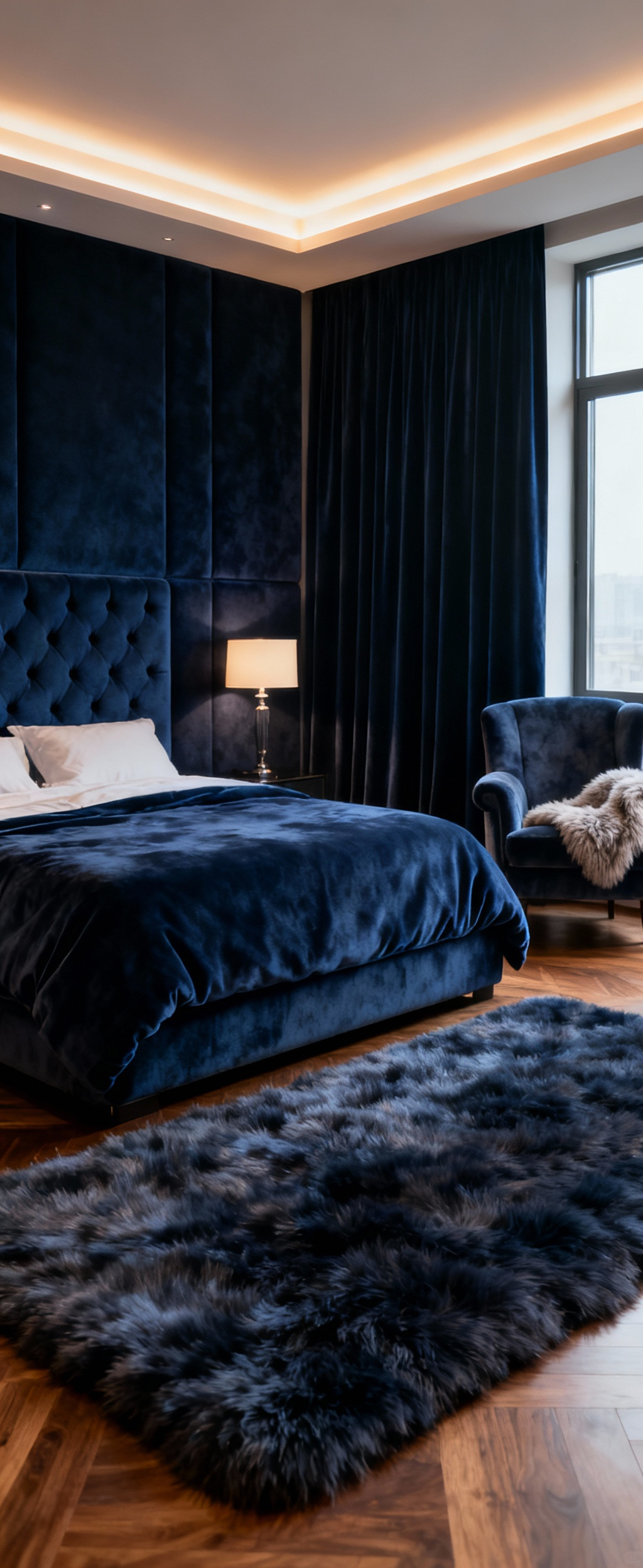 A tranquil bedroom interior featuring an oversized upholstered headboard, a thick wool rug, and heavy velvet curtains, all designed for acoustic absorption and noise reduction.