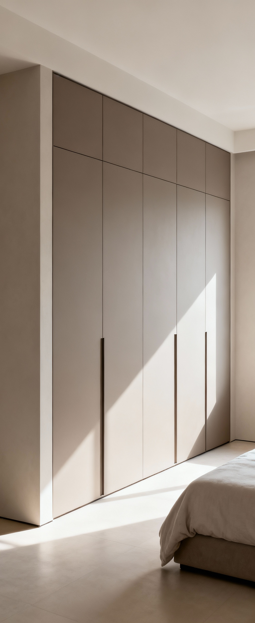 Elegant bedroom with integrated discreet storage wardrobes, creating a minimalist and calm atmosphere.