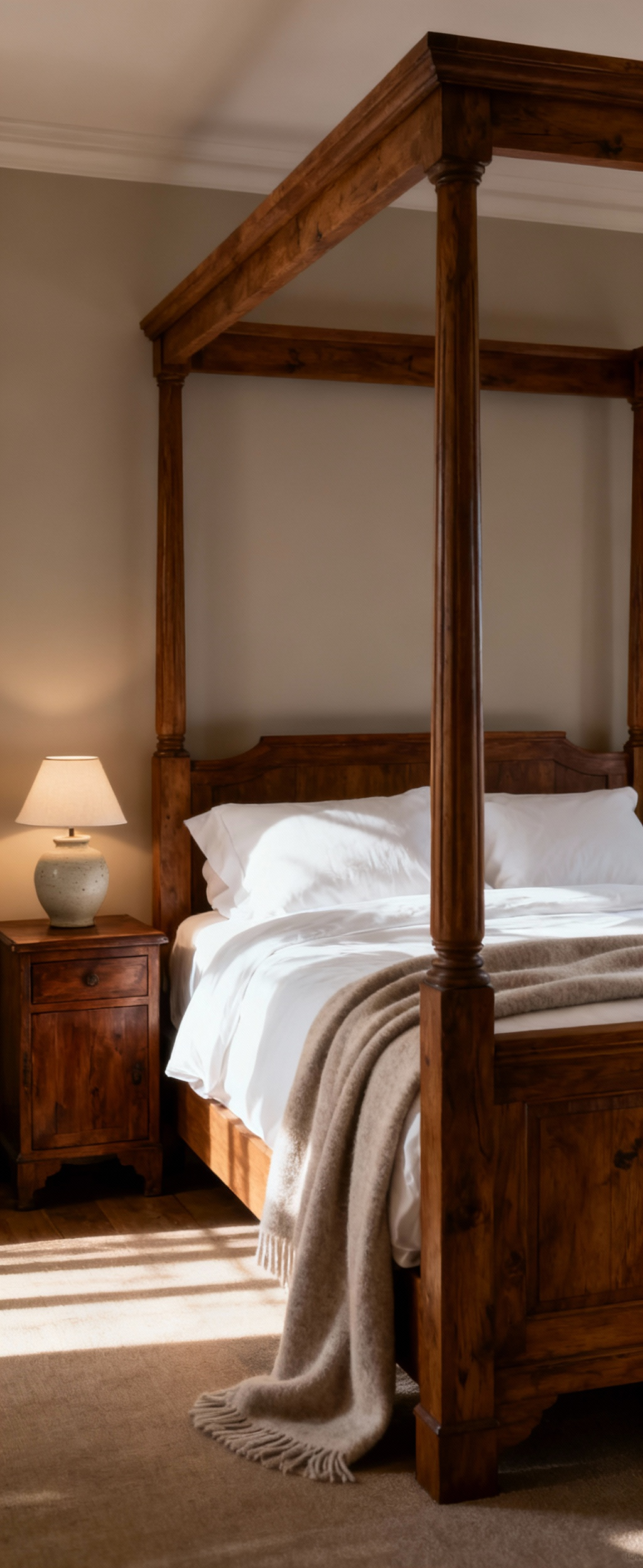 Luxurious master bedroom with a solid oak four-poster bed and vintage walnut nightstand, showcasing heirloom-quality furniture for lasting value.