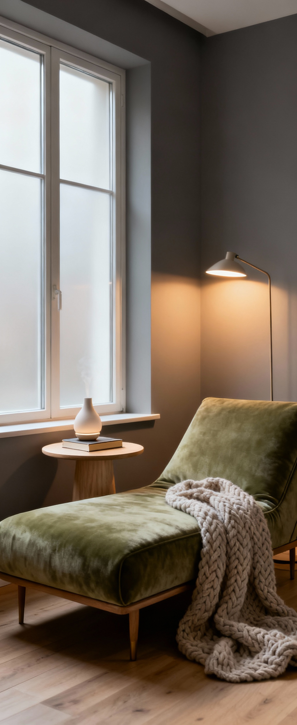 A tranquil bedroom retreat nook featuring a sage green velvet chaise lounge by a window, with a small wood side table and floor lamp.