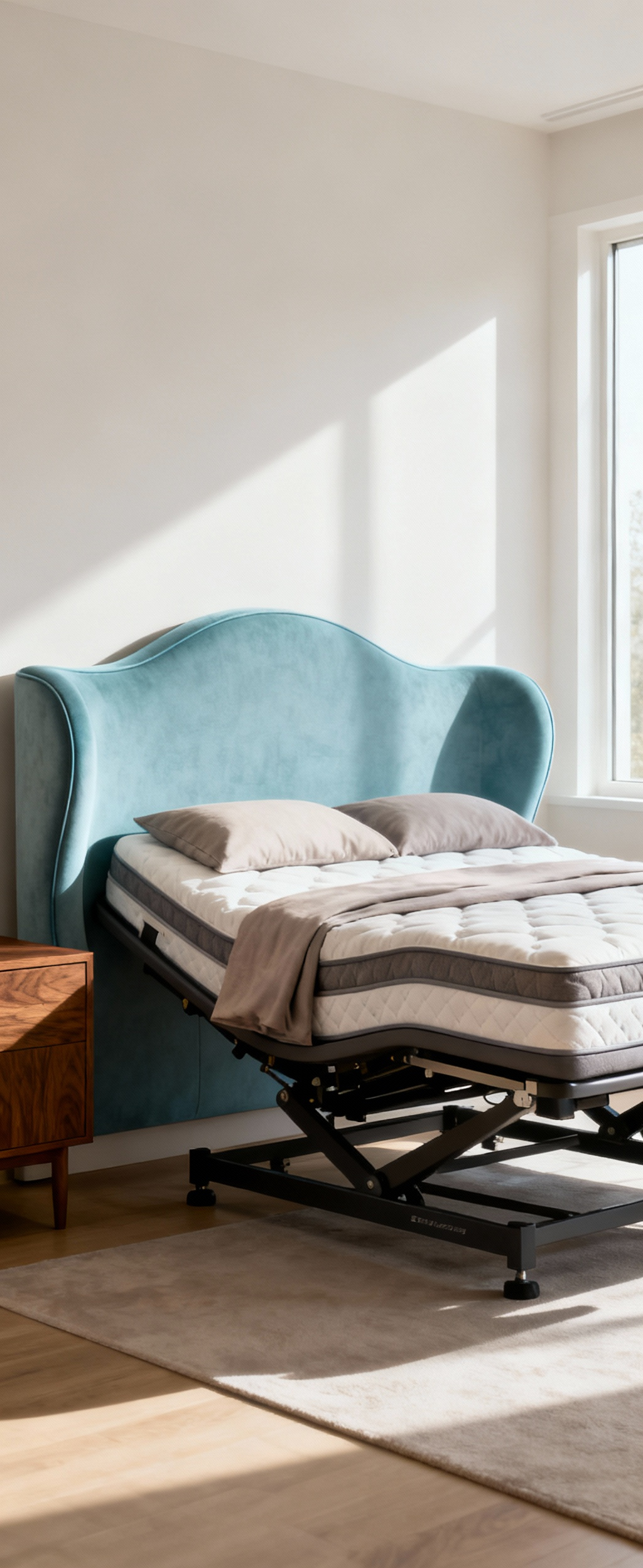 Bedroom with an ergonomic adjustable bed, curved blue upholstered headboard, and walnut nightstand. The scene is brightly lit by natural light, emphasizing comfort and well-being in the bedroom.