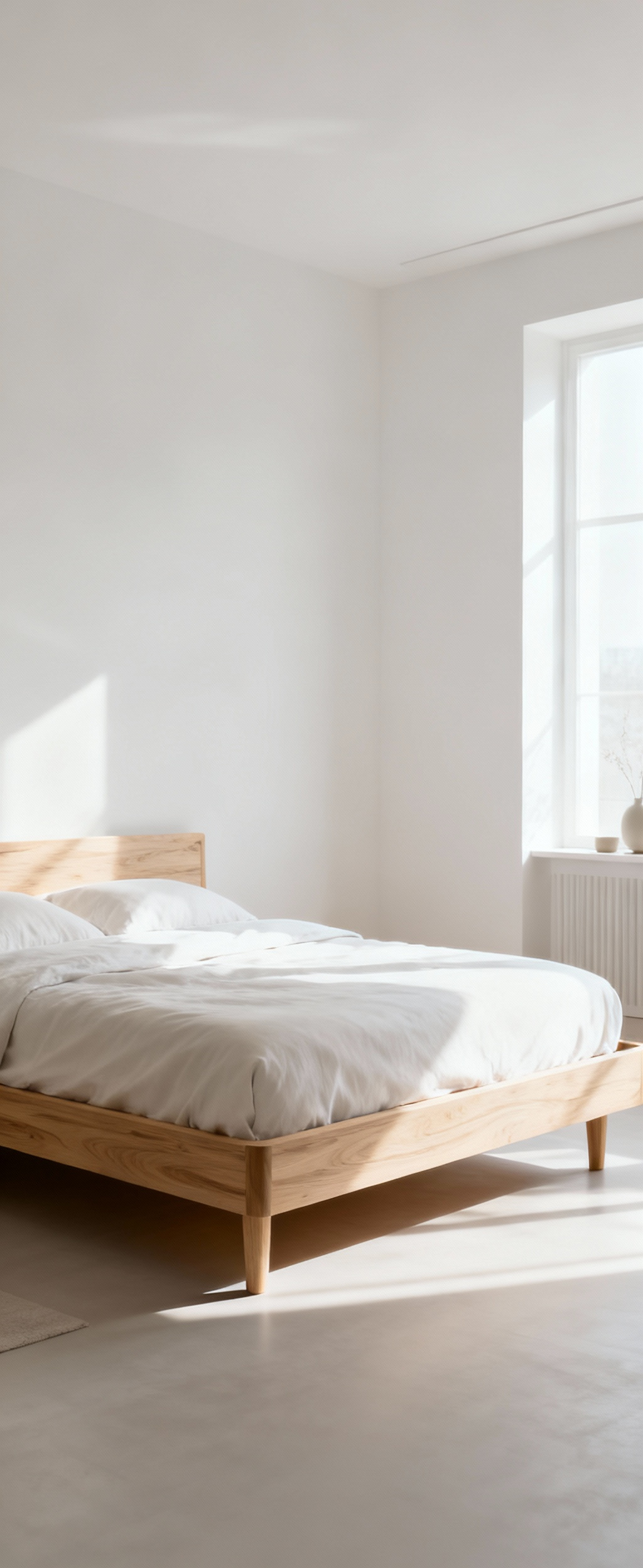 Minimalist bedroom with a light ash wood, low-profile bed frame anchoring the sleep sanctuary, natural light, serene decor, clean white walls