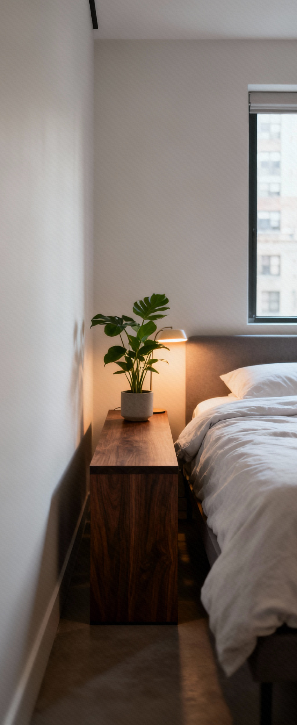 Slim dark walnut console accent table at the foot of a bed in a modern bedroom, with a biophilic plant and soft task lamp, serving as a decompression zone.