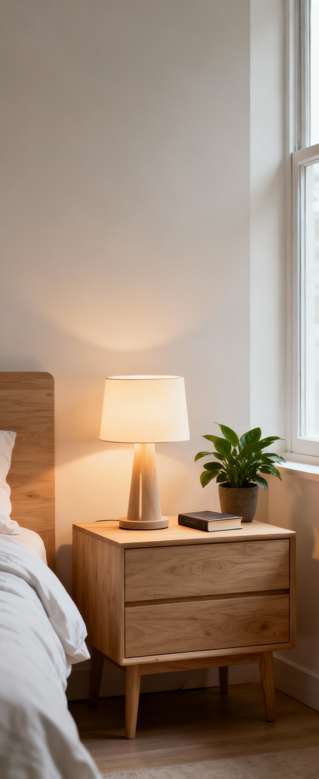 Elegantly styled natural wood nightstand next to a bed, with warm, diffused lighting and a potted plant, promoting bedroom nightstand harmony and a serene atmosphere.