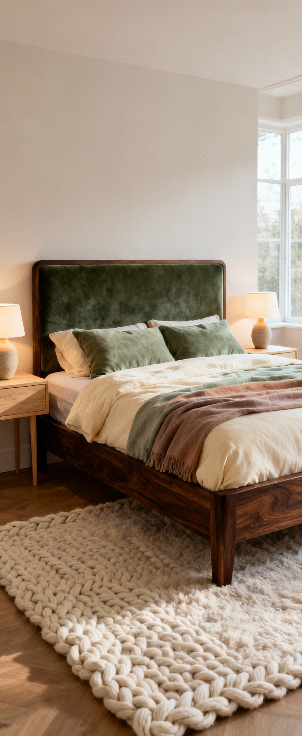 Bedroom interior featuring a dark walnut wood bed frame, forest green velvet headboard, layered cream and sage bedding, and an off-white wool rug, showcasing psychological color curation through finishes and textiles.