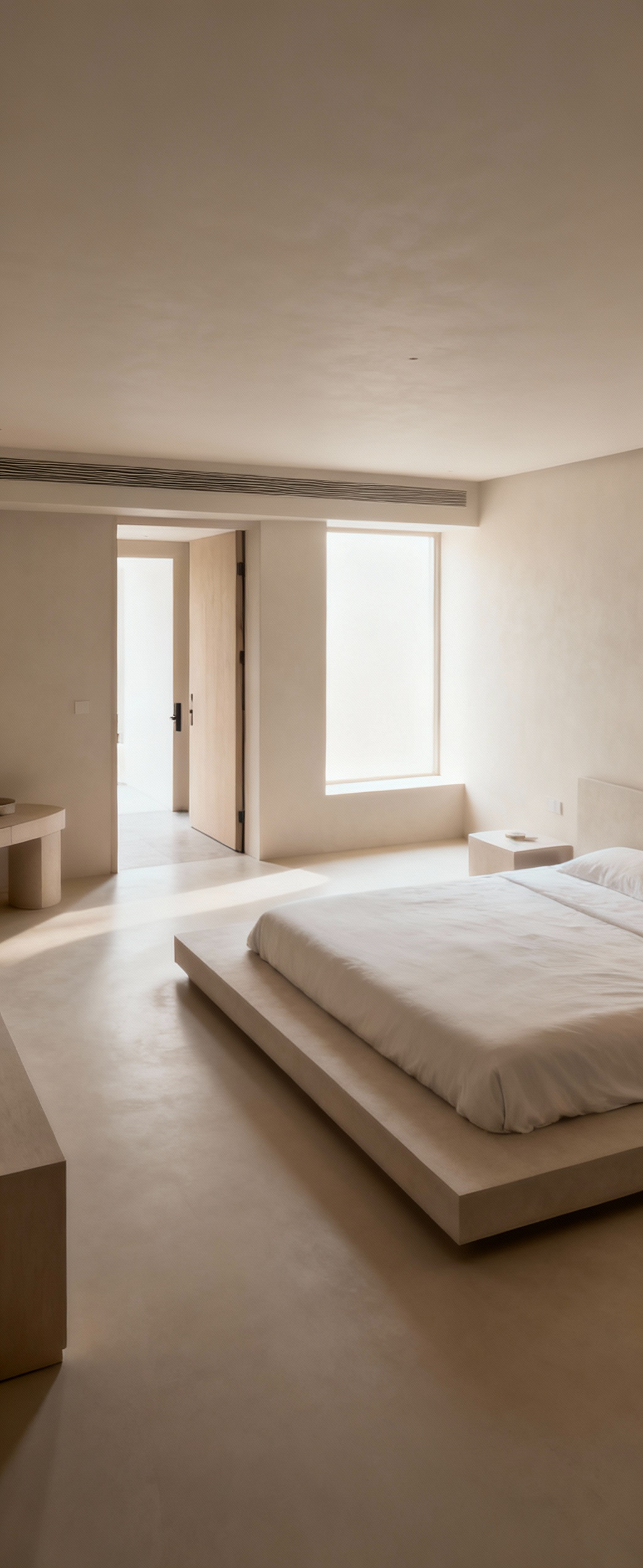 A serene bedroom showcasing optimal furniture arrangement with clear circulation paths and balanced visual weight. A low-profile bed and minimalist decor contribute to a sense of calm and spaciousness.