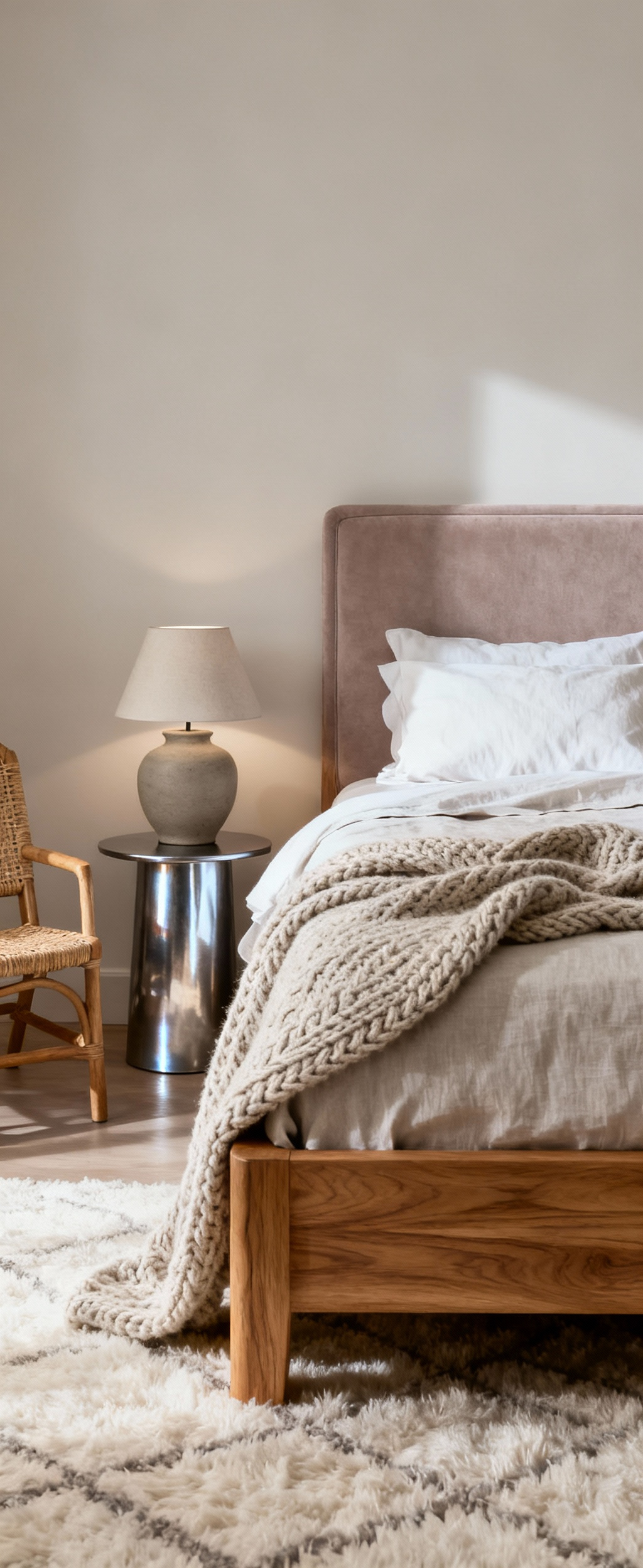 Bedroom interior showcasing rich textural depth with a mix of natural wood, soft linen bedding, a chunky knit throw, matte ceramic lamp, metallic side table, and a woven rattan chair.