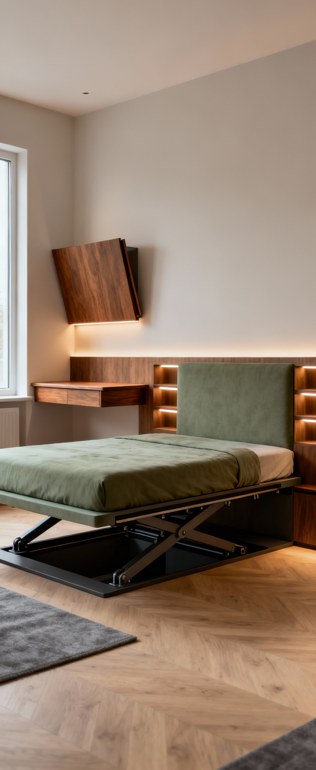 Modern minimalist bedroom with a multi-functional platform bed and a discreet wall-mounted console desk, showcasing smart storage solutions and elevated utility.