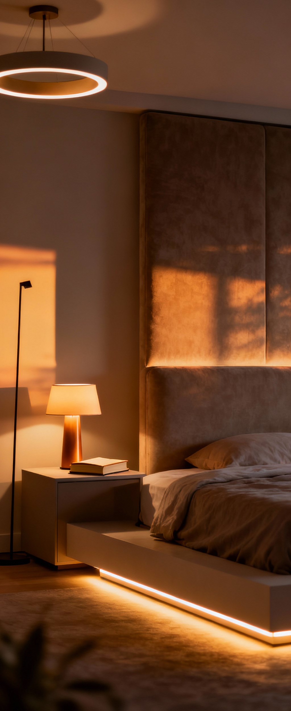 Bedroom interior with layered lighting, showing a ceiling light, bedside lamp, and LED accent lighting enhancing furniture. Modern bedroom decor, warm inviting glow, cozy atmosphere, lighting design.