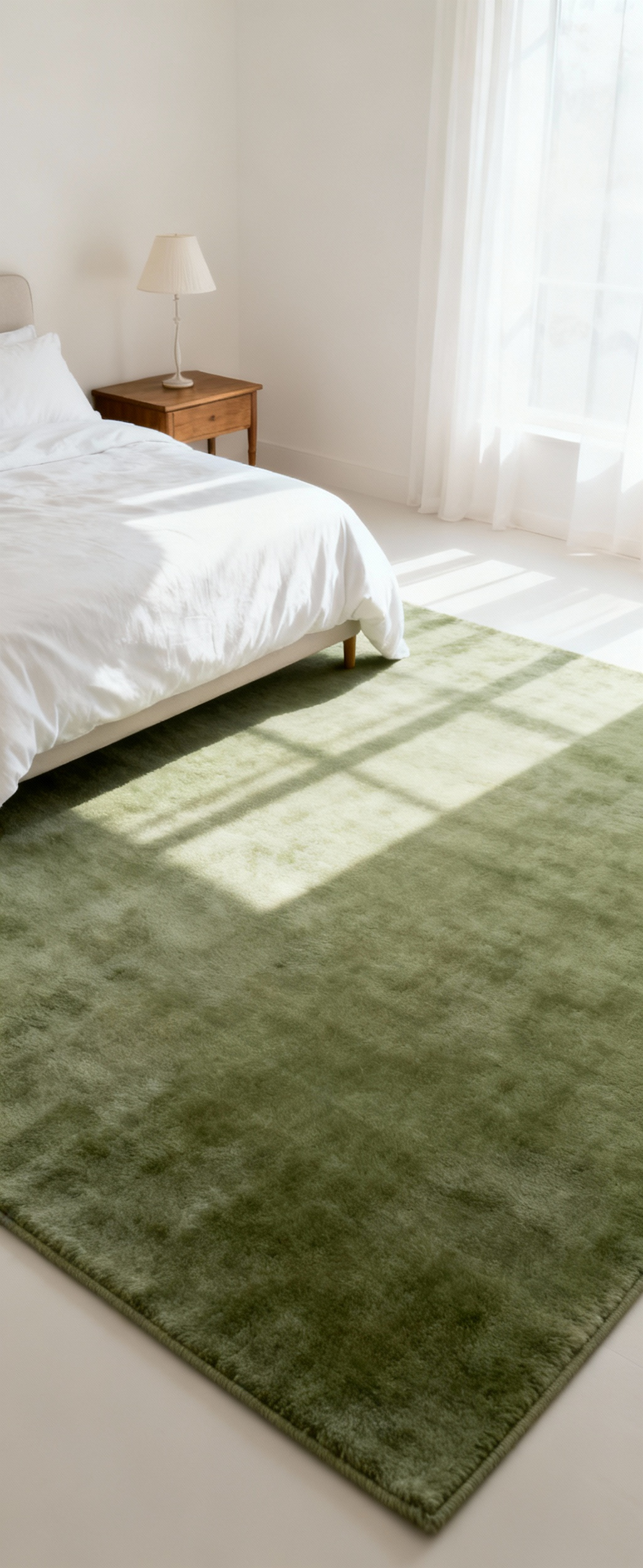 A plush, neutral-toned bedroom rug grounding a cozy bed in a serene bedroom setting, illustrating comfort underfoot and spatial definition.
