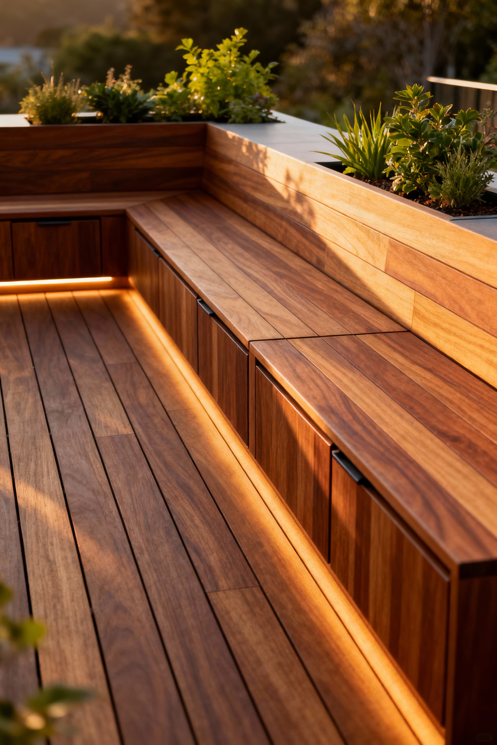 Custom ipe wood built-in L-shaped seating on a modern deck, featuring discreet flush storage compartments and integrated LED lighting, surrounded by lush planters.