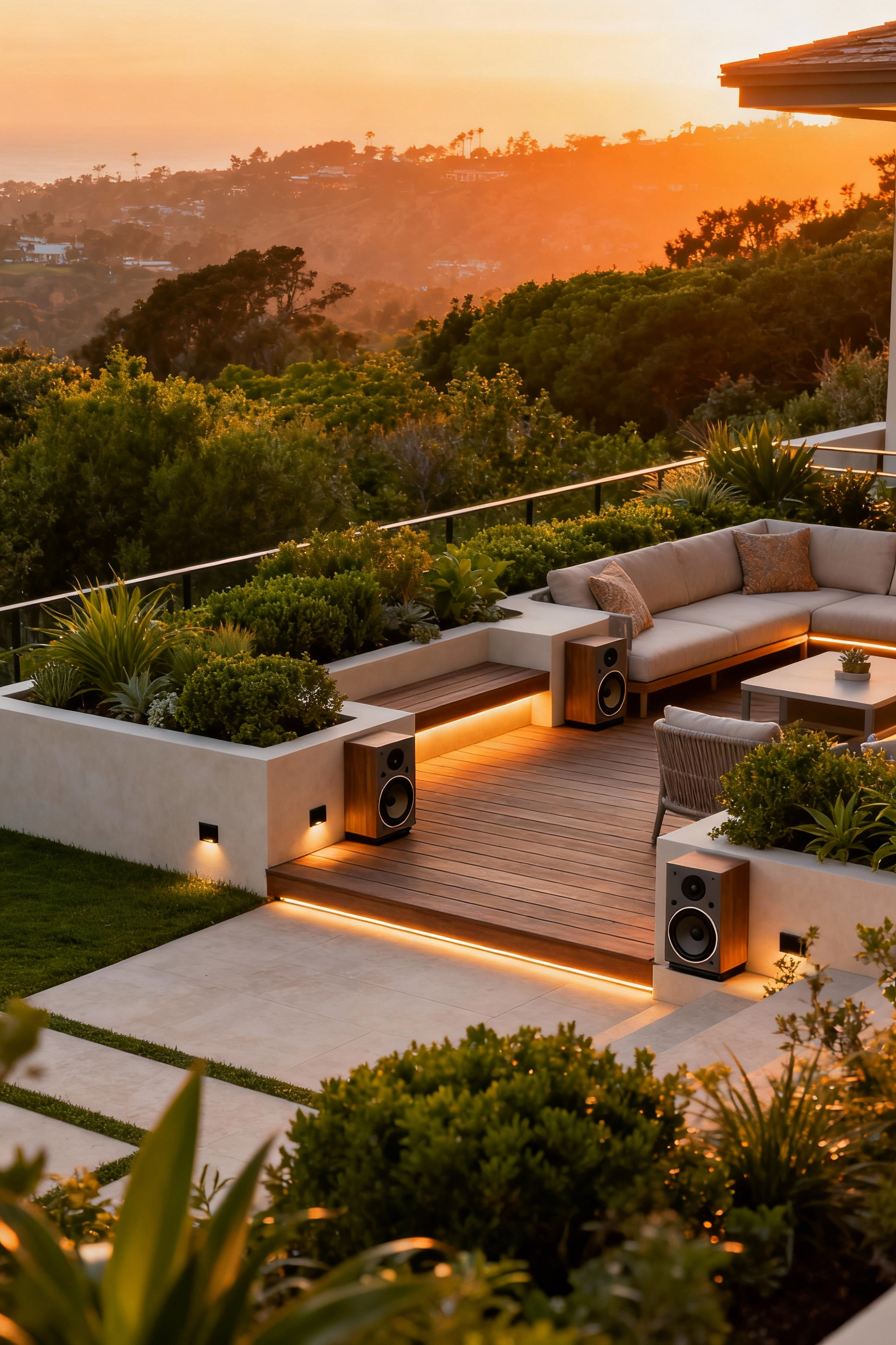 Luxurious outdoor deck at golden hour, featuring hidden and discreetly integrated outdoor audio speakers within lush landscaping and custom deck structures, creating a seamless sonic experience without visible technology. No people are present, and the scene exudes modern sophistication and tranquility.