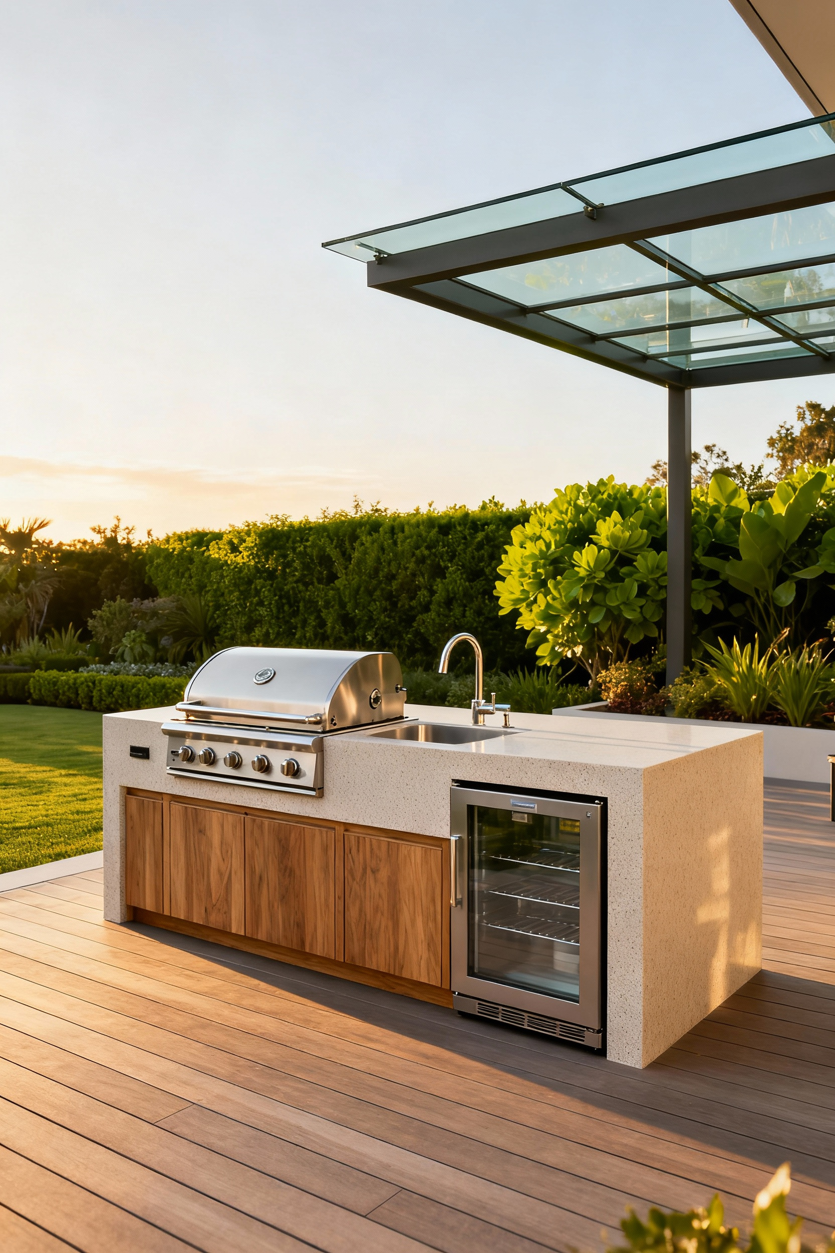 Modern outdoor kitchenette on a deck with stainless steel appliances, granite countertops, and lush landscaping, viewed during golden hour.