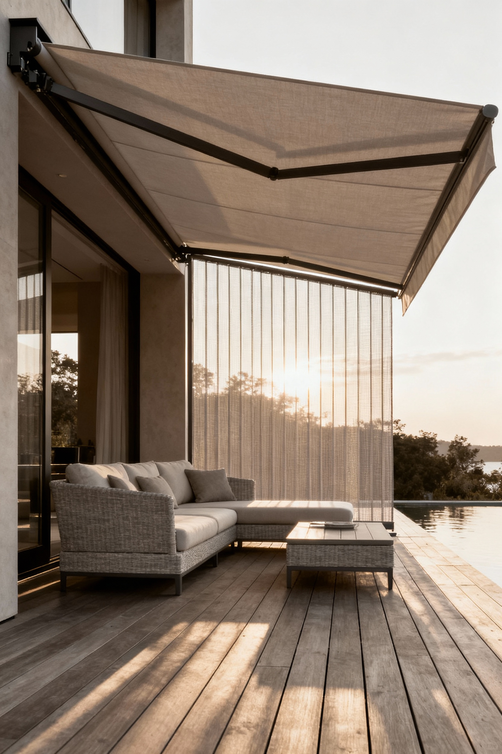 A modern deck featuring an extended taupe Smart Ret retractable awning and partially lowered screen, creating a shaded and private outdoor living space with stylish furniture under golden hour lighting.