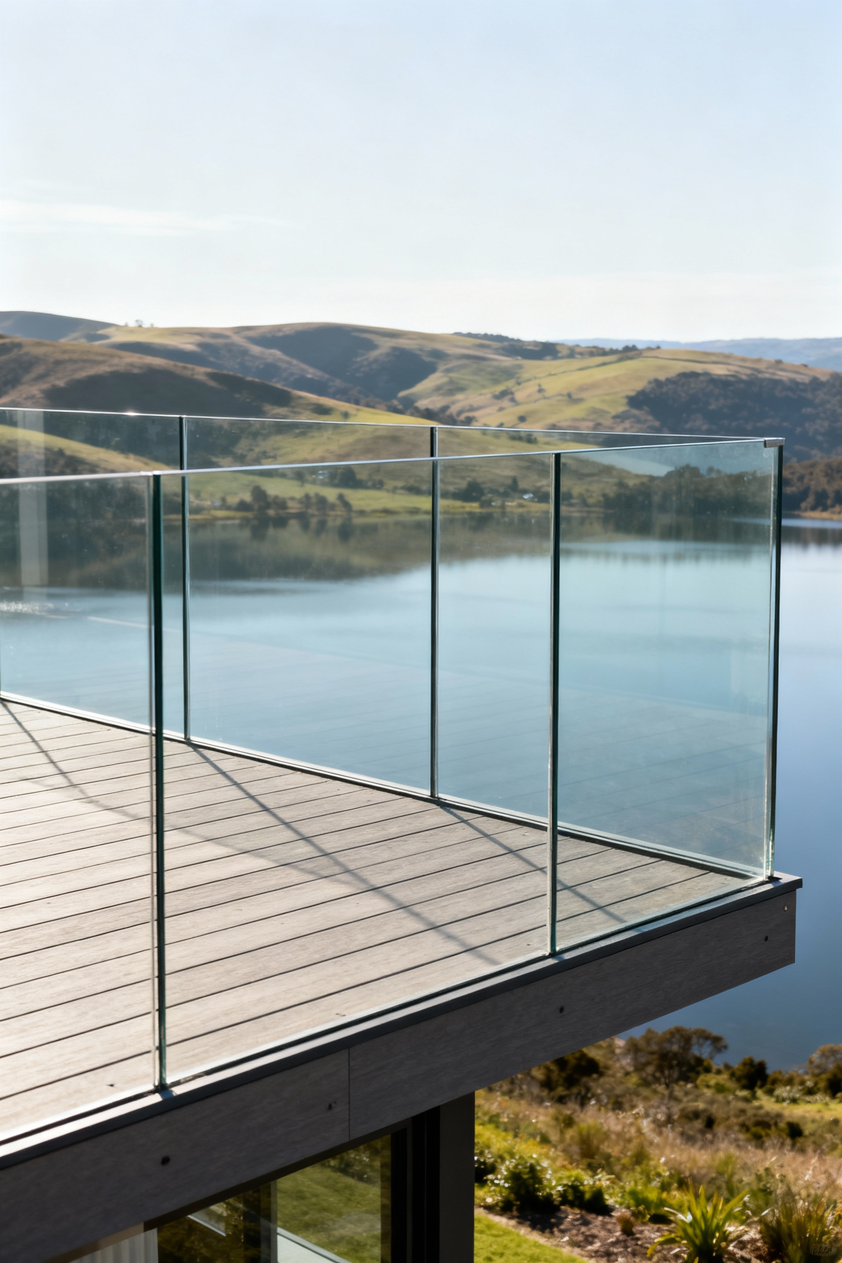 Modern elevated deck with frameless glass railings offering unobstructed panoramic views of a lush natural landscape.