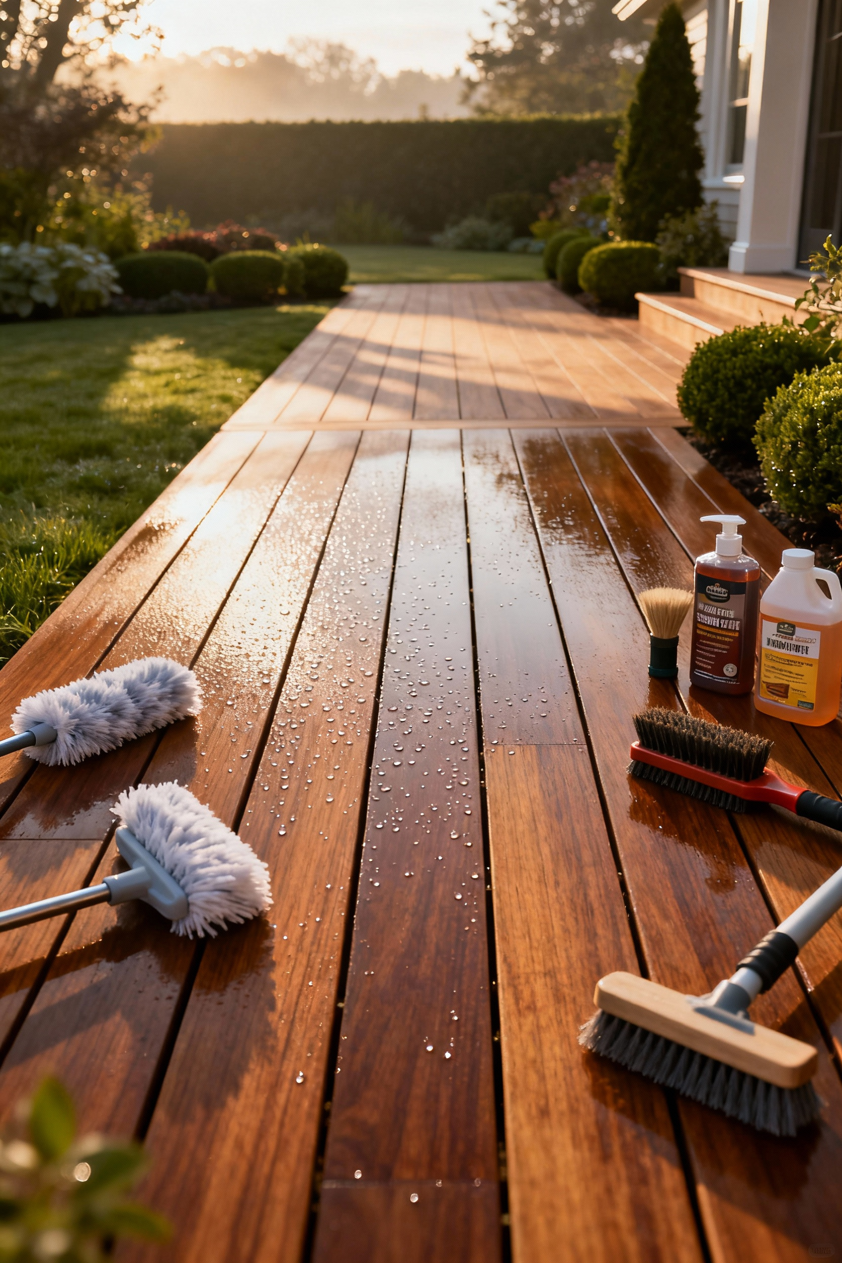 Luxury ipe hardwood deck sparkling clean after professional maintenance, surrounded by lush landscaping.