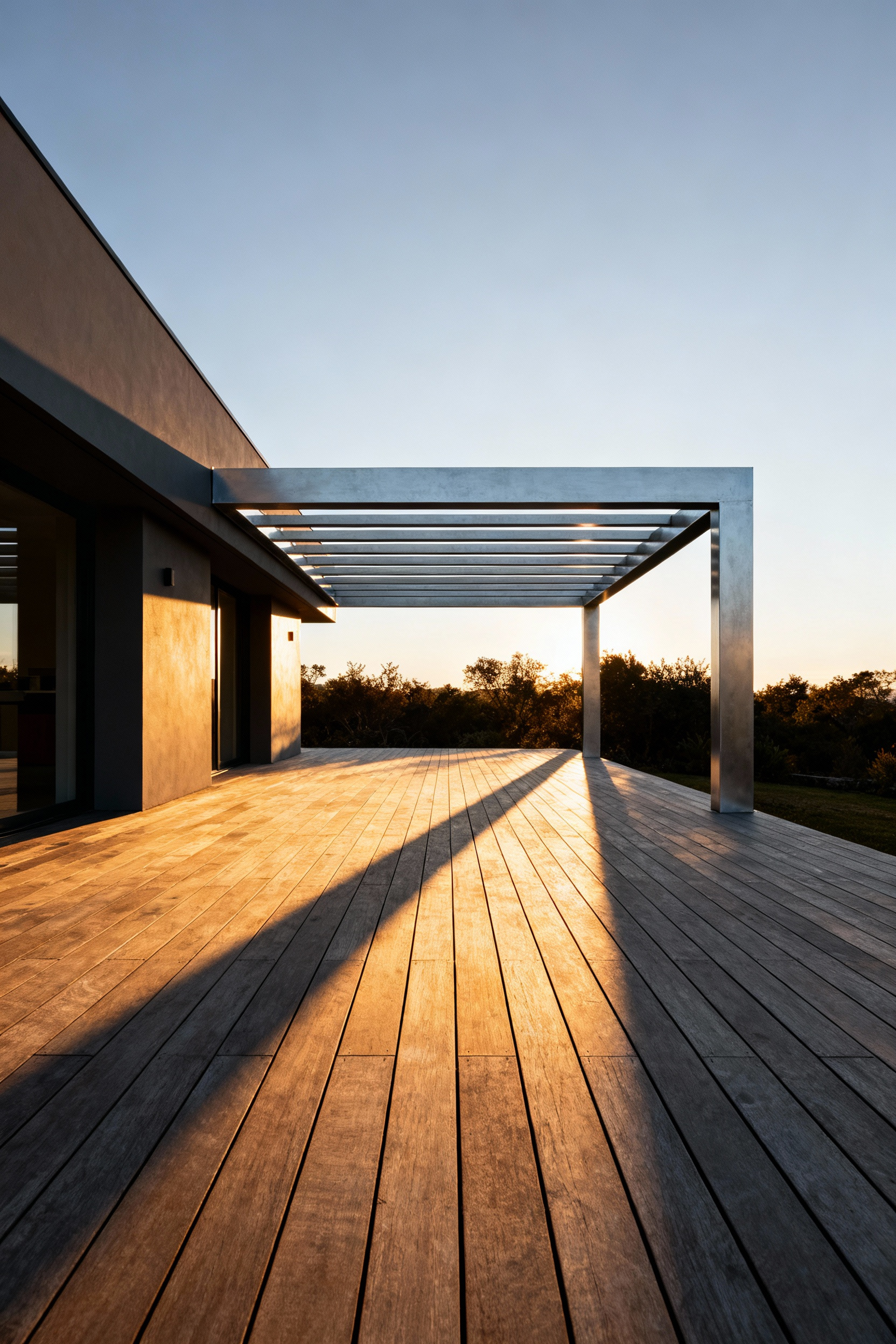 A modern steel pergola with clean architectural lines, providing shade and defining a luxurious outdoor deck dining area, integrated seamlessly with a contemporary home.