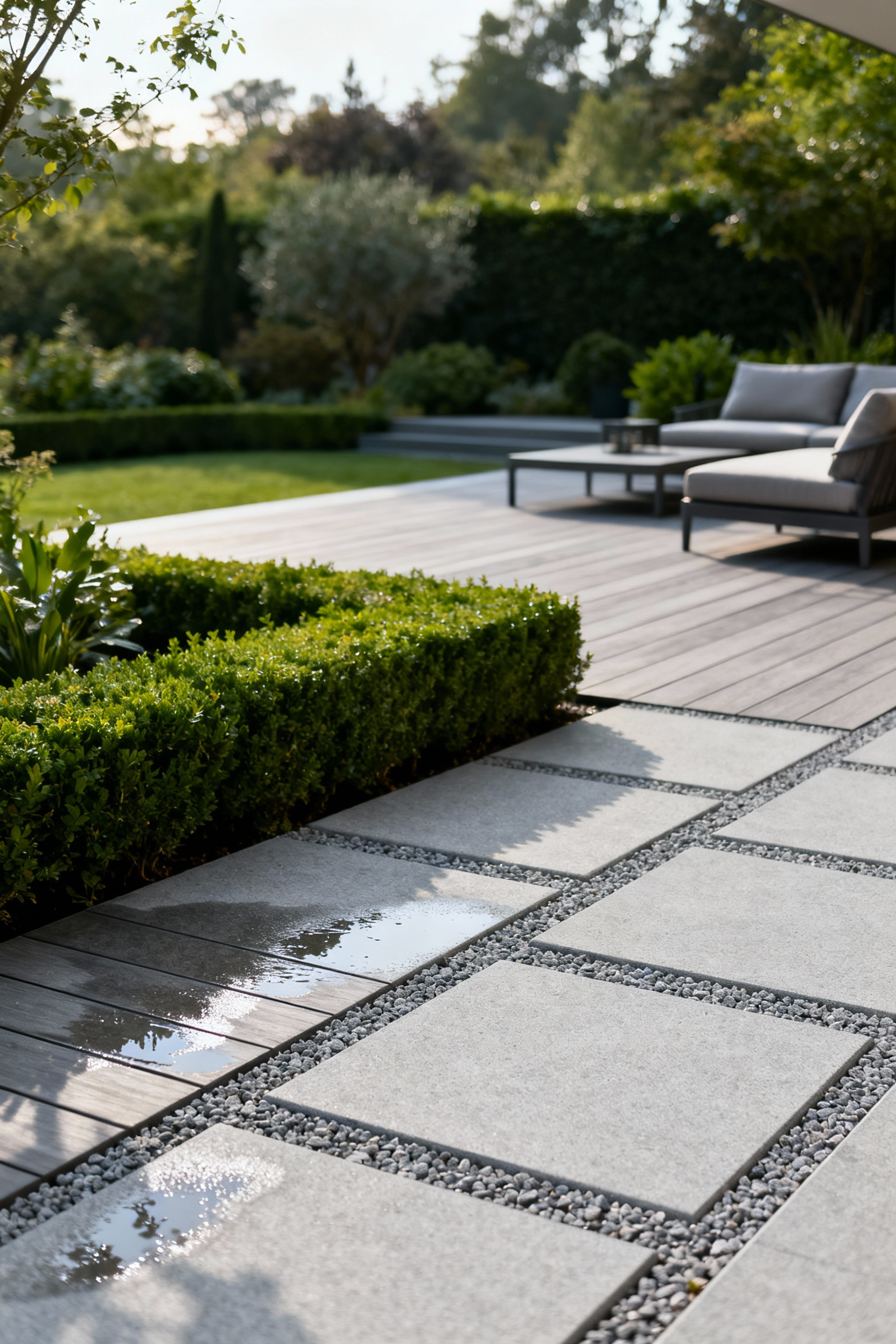 A luxury outdoor patio featuring permeable pavers, showcasing excellent drainage and a sophisticated aesthetic, seamlessly integrating with a modern deck.