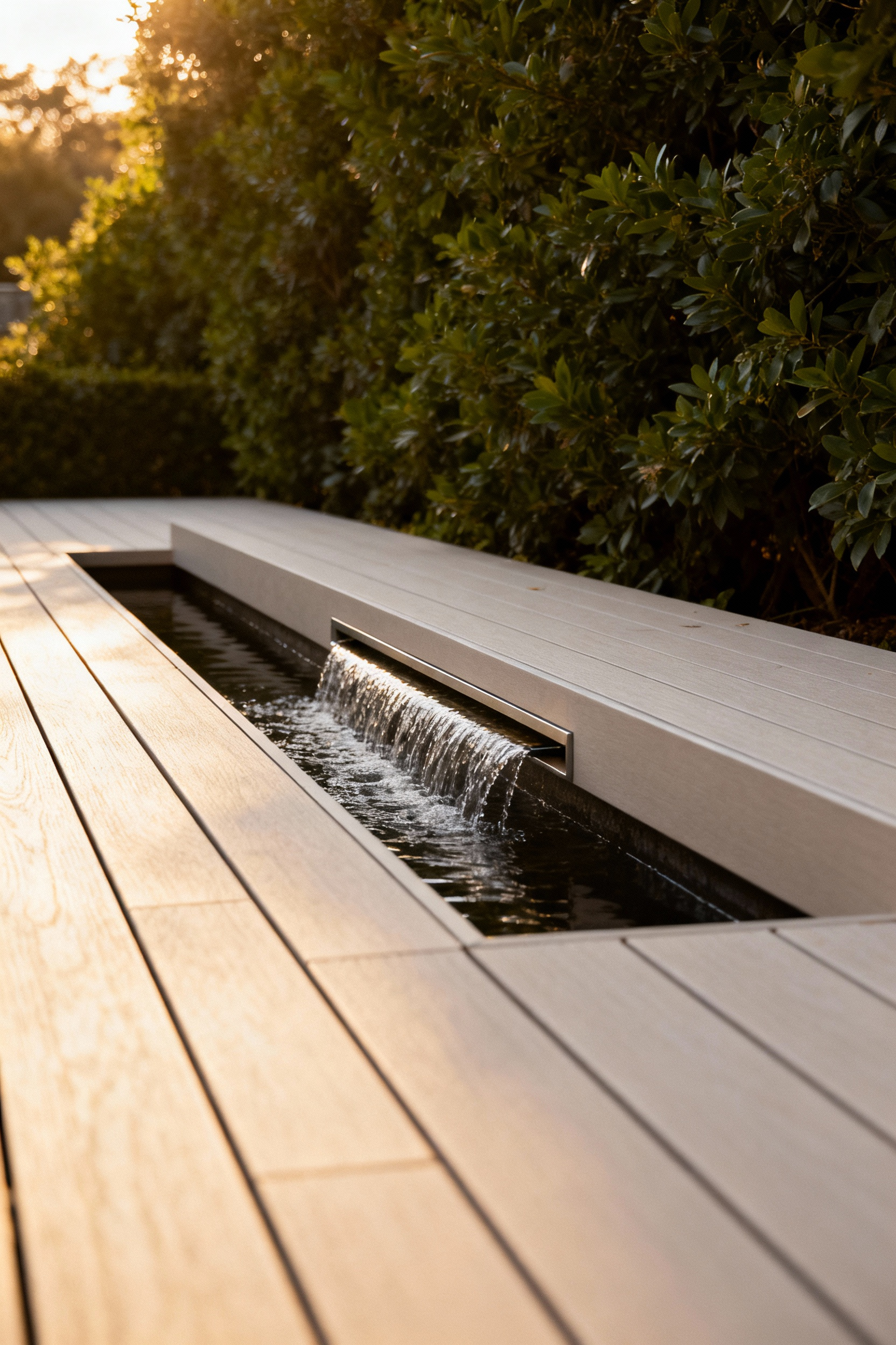 Elegant linear water feature seamlessly integrated into a modern deck, providing a soothing acoustic backdrop with surrounding lush greenery.