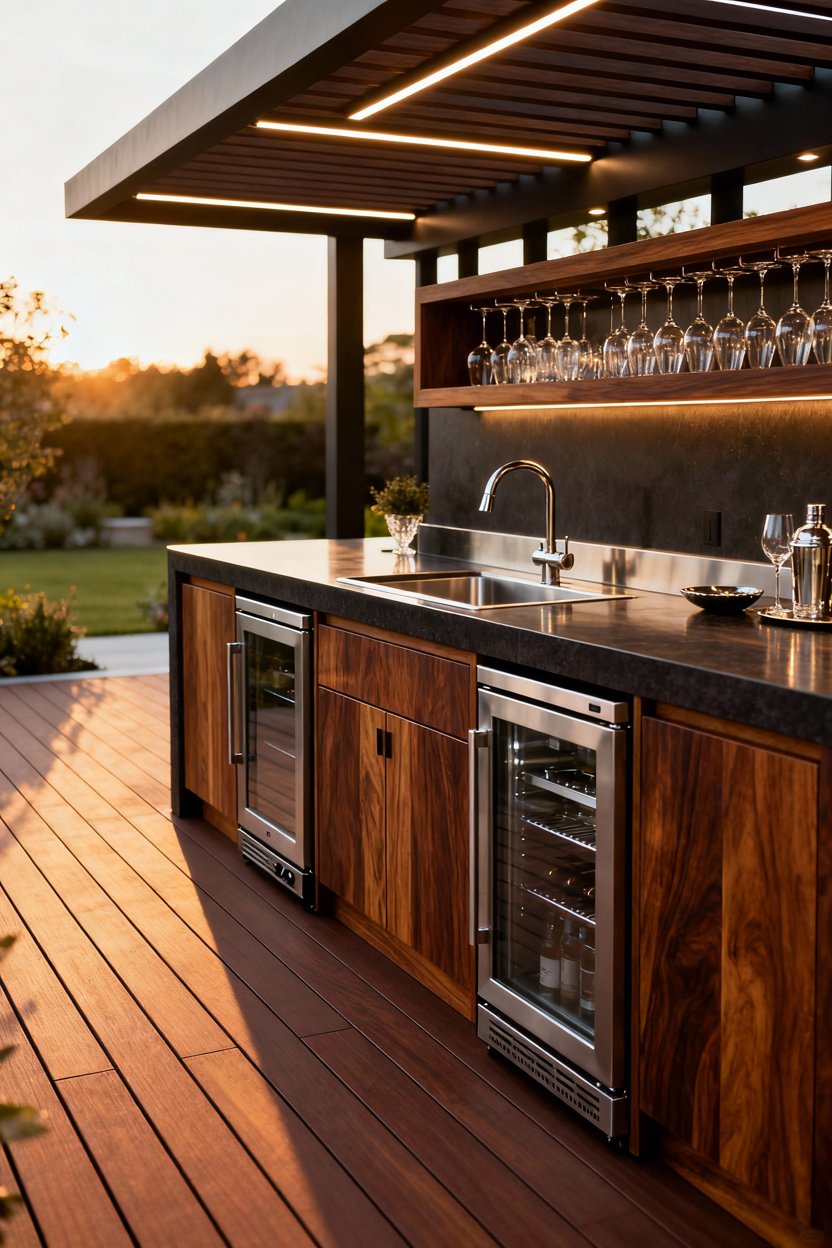 Luxurious outdoor alfresco bar with dark Ipe wood and stainless steel, integrated into a modern composite deck under a lighted pergola, designed for elegant, effortless hosting.